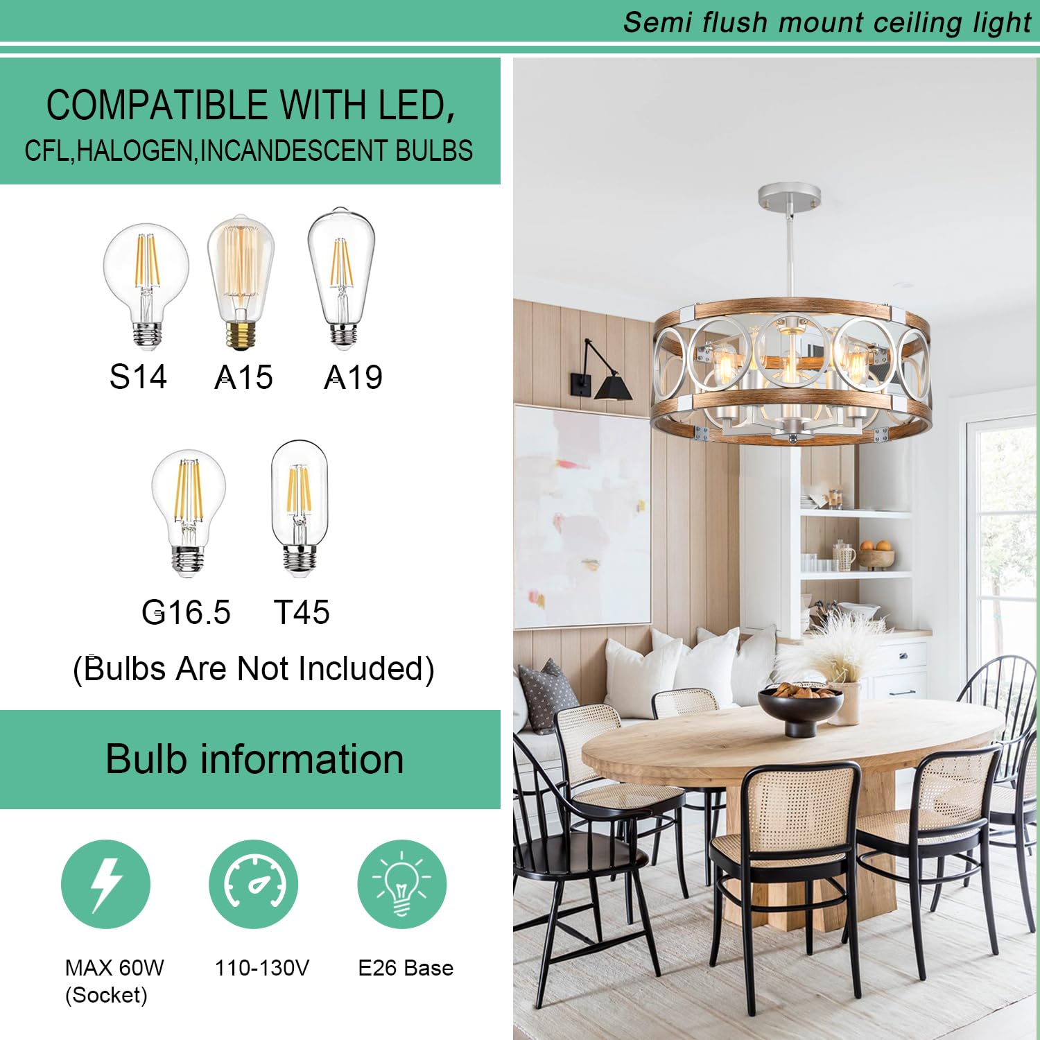 SHIANDAR Flush Mount Ceiling Light, 5-Light Silver Drum Chandelier, Modern Farmhouse Pendant for Kitchen, Model TYdk-mw All240206