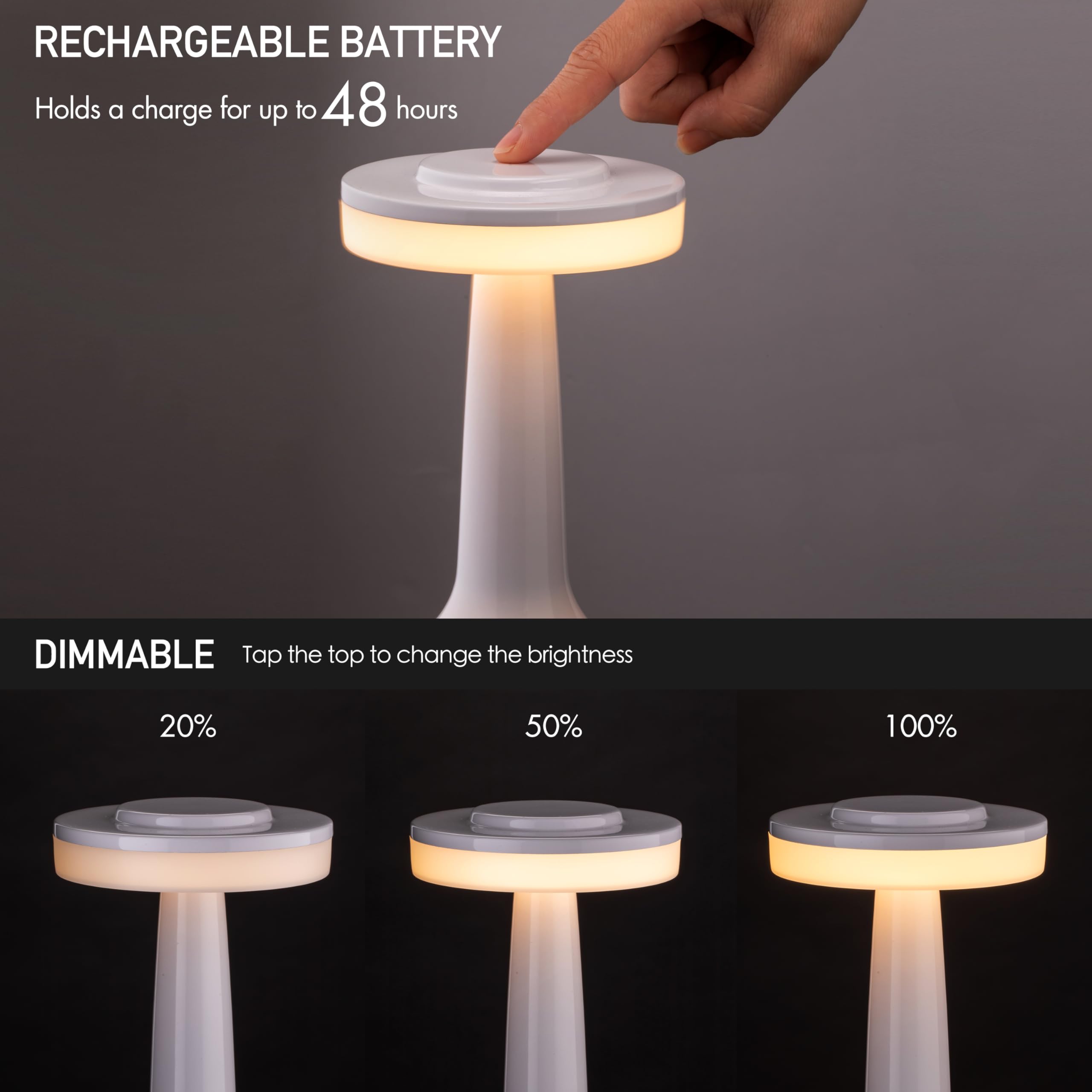 O'Bright Portable LED Table Lamp, Touch Sensor, 3 Levels Brightness, Rechargeable, Piano White, Model OB-TL01B