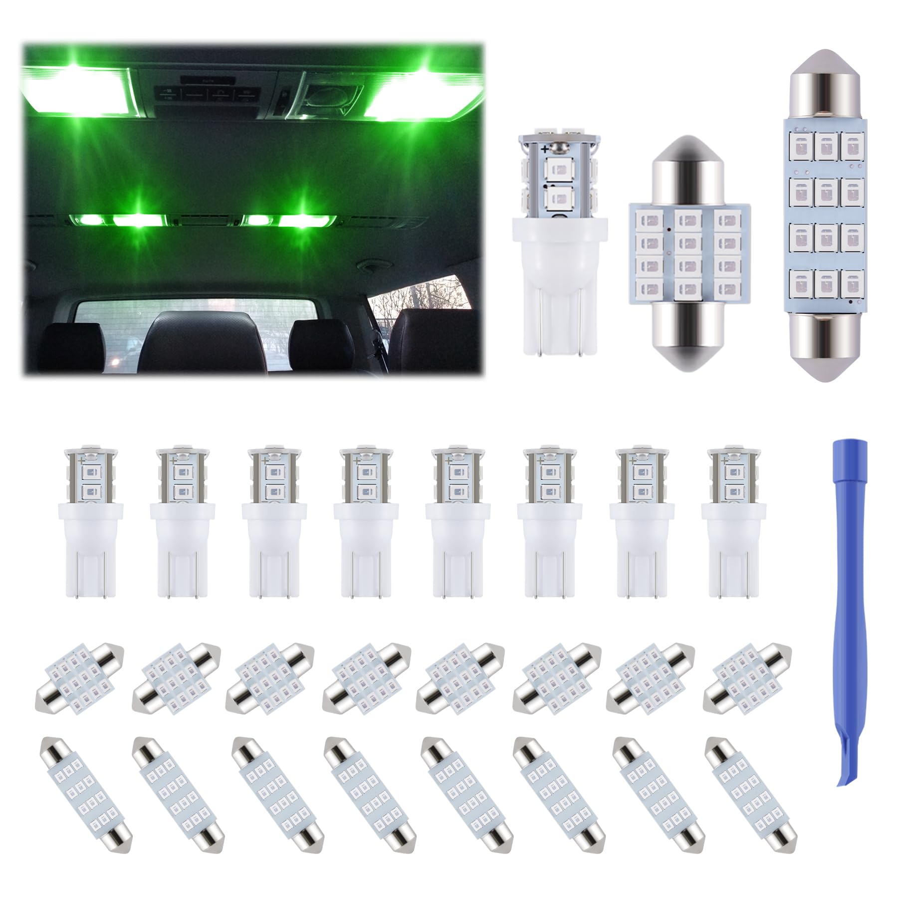 iFunyLED LED Car Interior Bulb Kit - 24 Pieces, T10 194 DE3175, Green