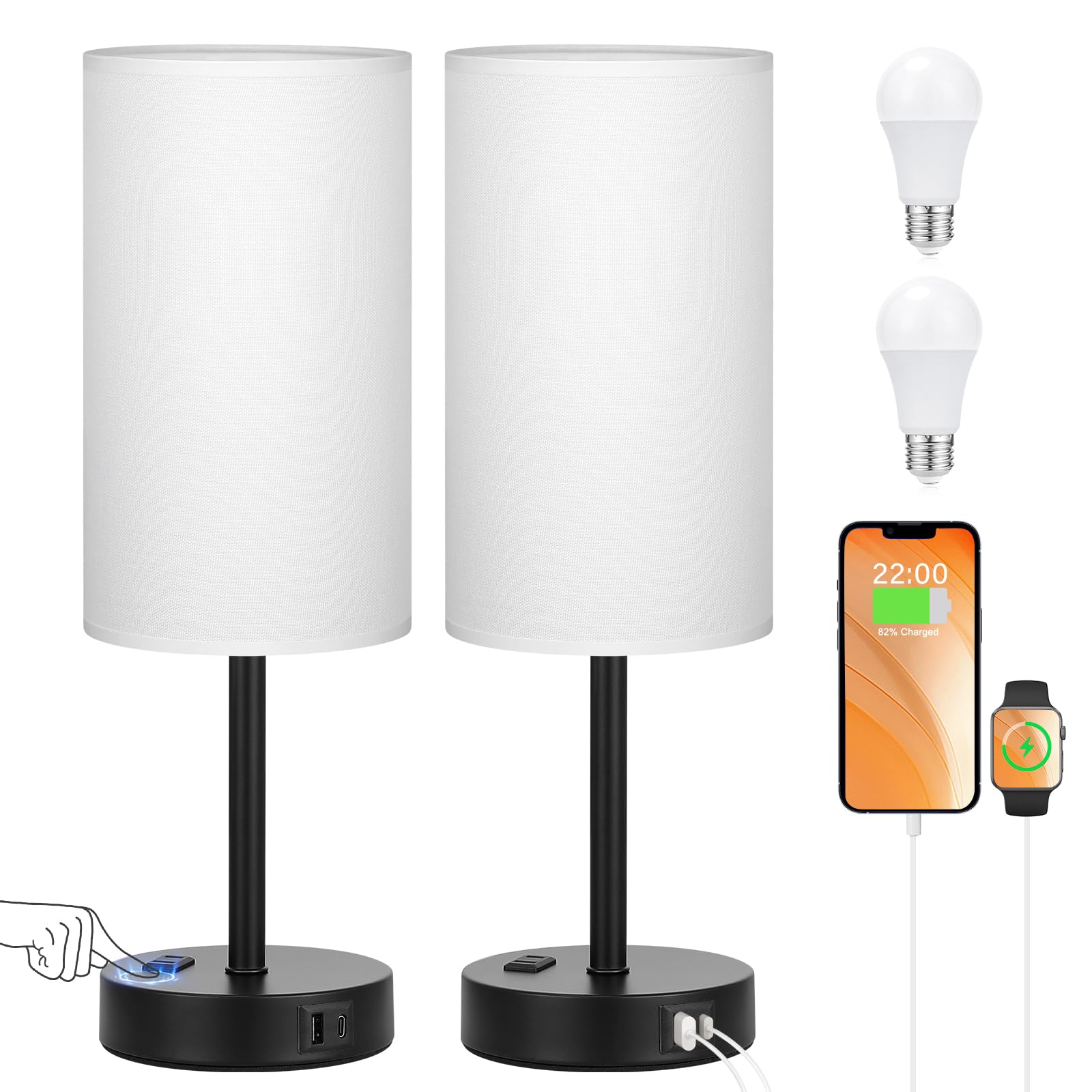 17.4Inches Tall White Bedroom Lamps Set Of 2-3 Way Dimmable Touch Table Lamps With Usb C And A Ports, Lamps For Nightstand With 
