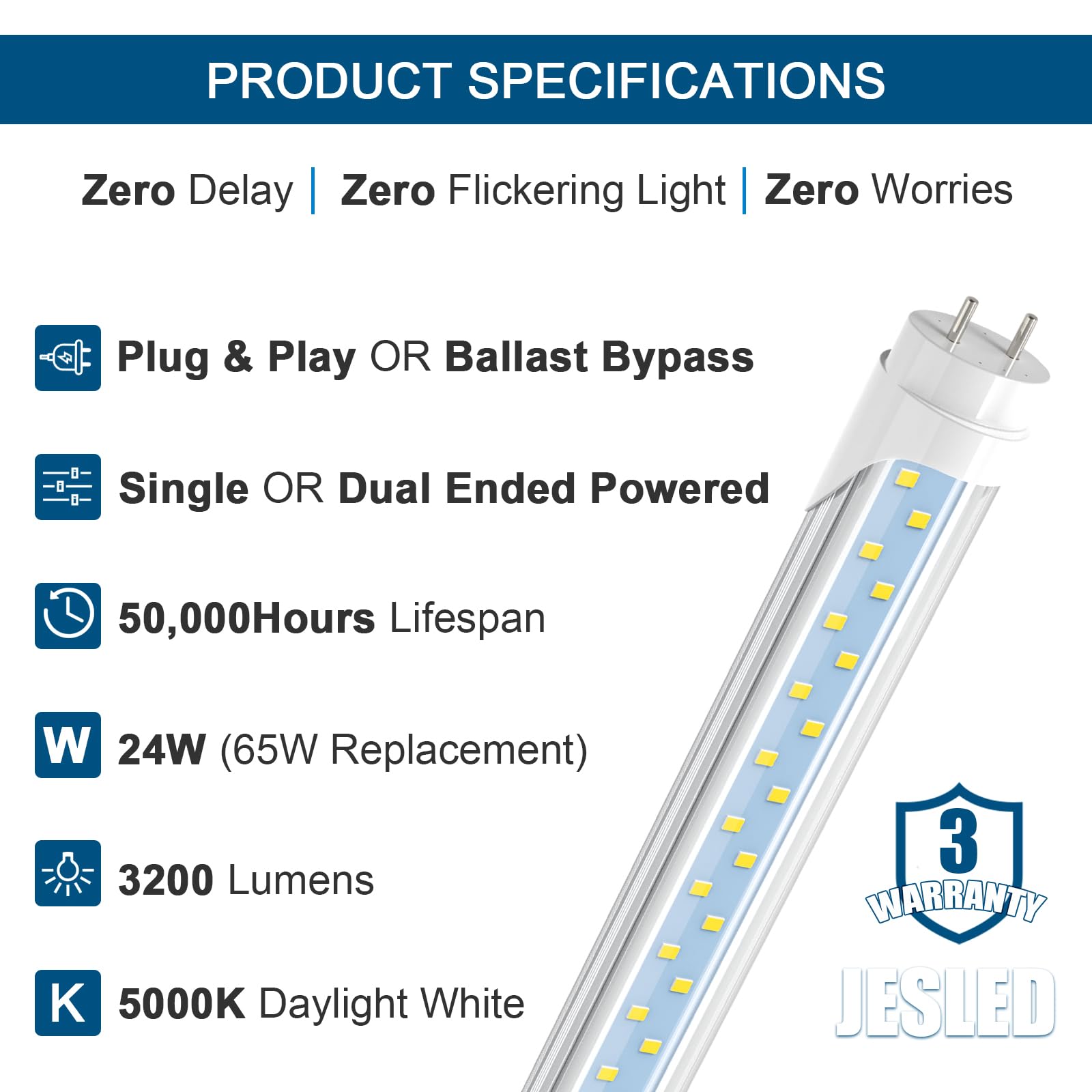JESLED LED T8 Tube Lights 4FT, 24W, 3200LM, 5000K, Plug & Play, 4-Pack