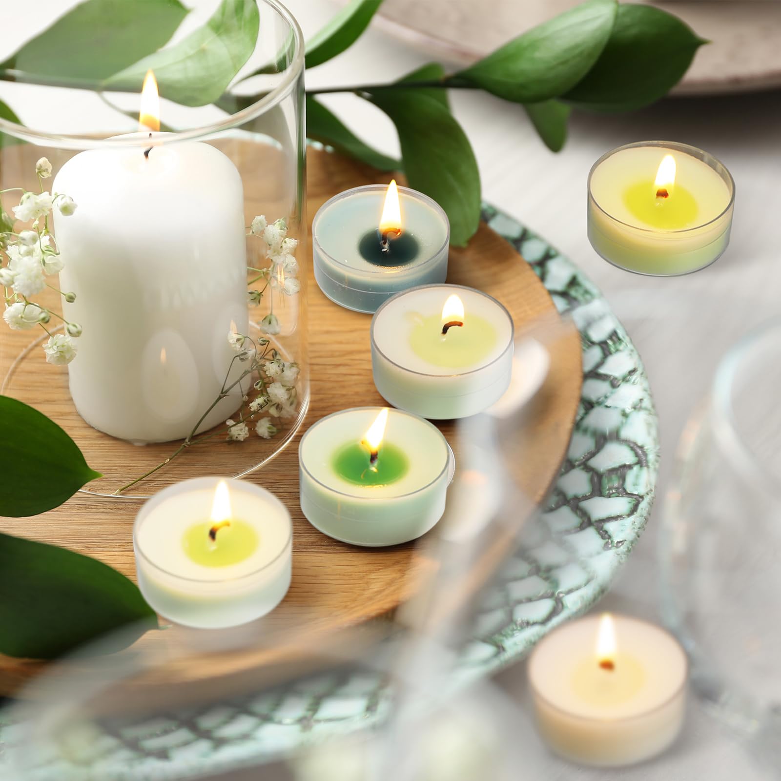 Conelist 24 Pack Colored Scented Tealight Candles Bulk Spring Small Fragrance Tea Lights in Clear Cups Colored Warmer Candles Ar