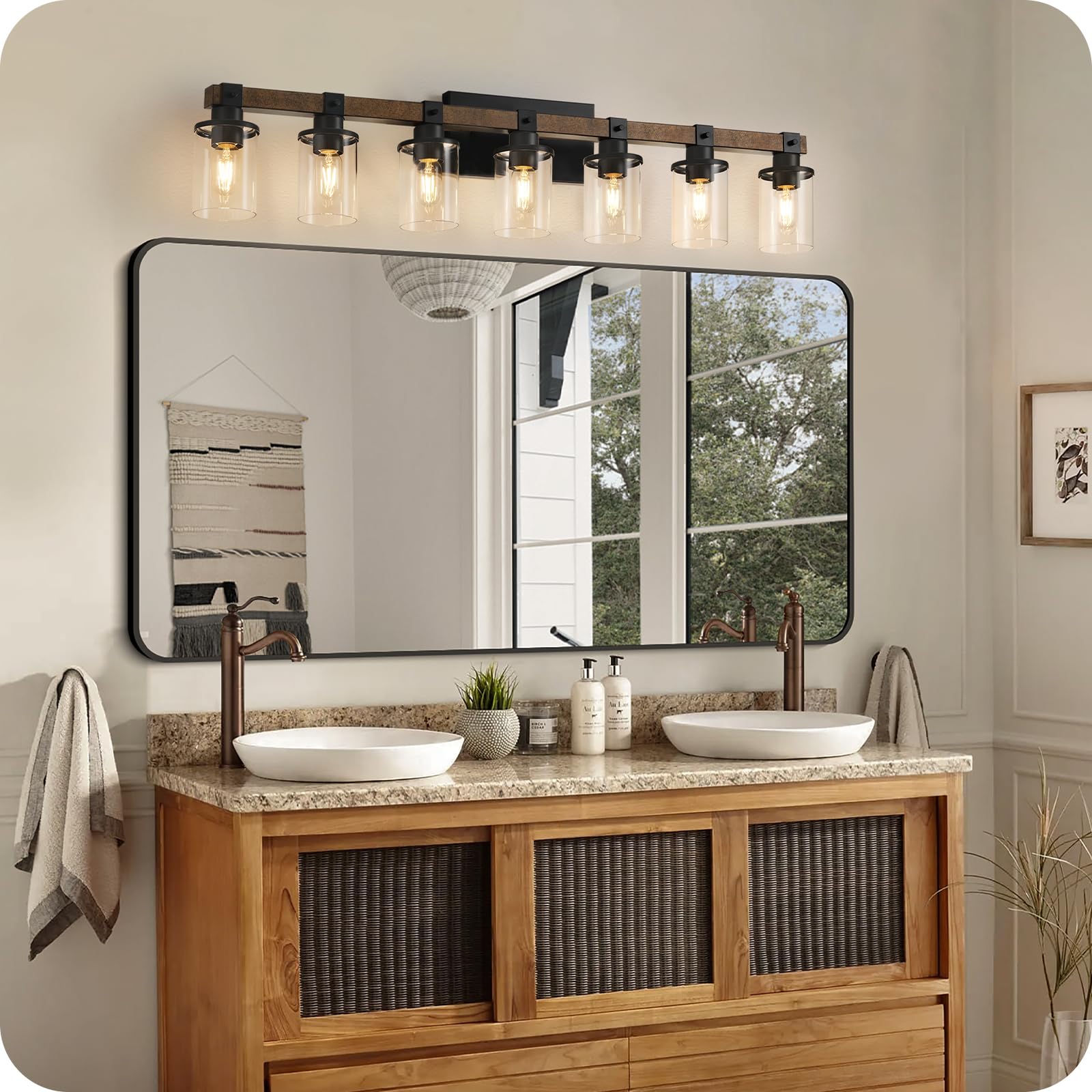 GOEBLESON 7-Light Bathroom Light Fixture, Rustic Metal Vanity Lights, F16BD05, Glass Shade, Rustic Brown + Black