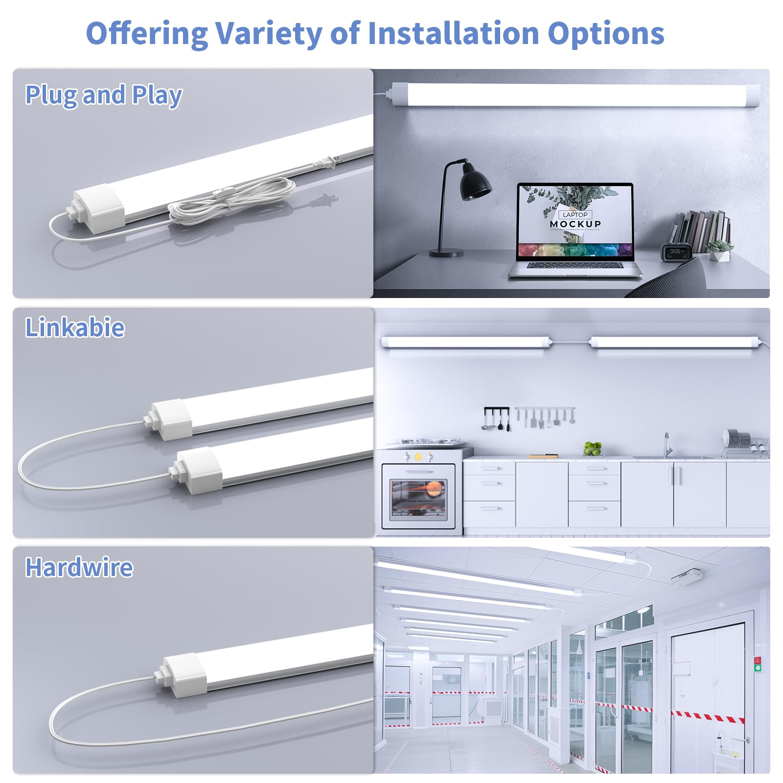 Airand Led Ceiling Light Fixture With Plug 5000K, Triproof Led Tube Lights 45W Linkable Closet Light For Workbench Kitchen Basem