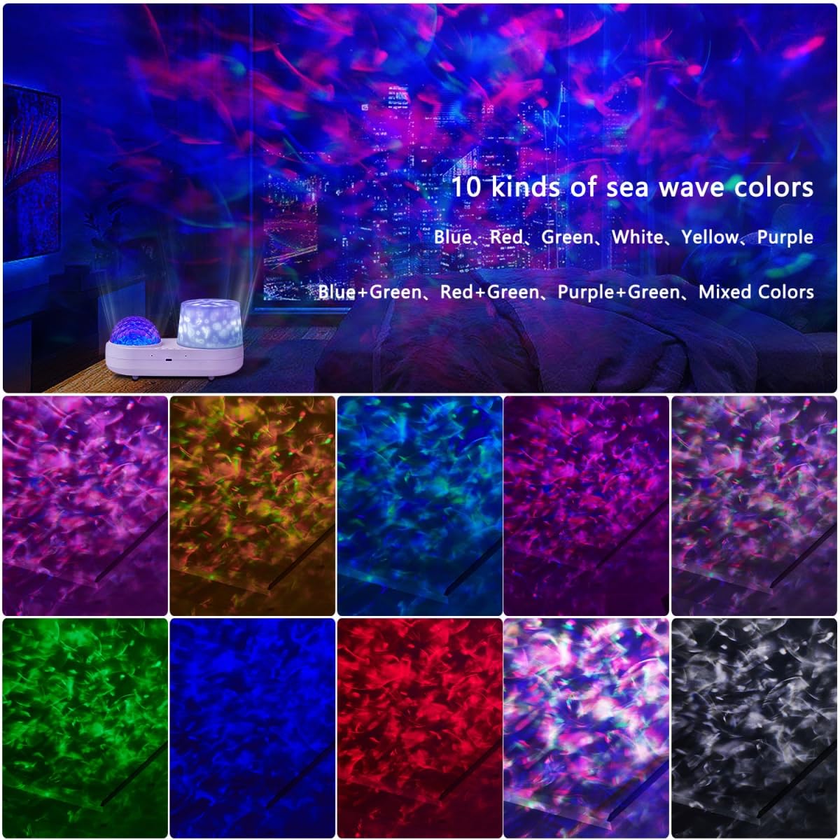 Ocean Wave & Light Projector - 10 Colors, 6 Film Sets, Timer & 360 Rotation For Kids & Girls, Room Decor
