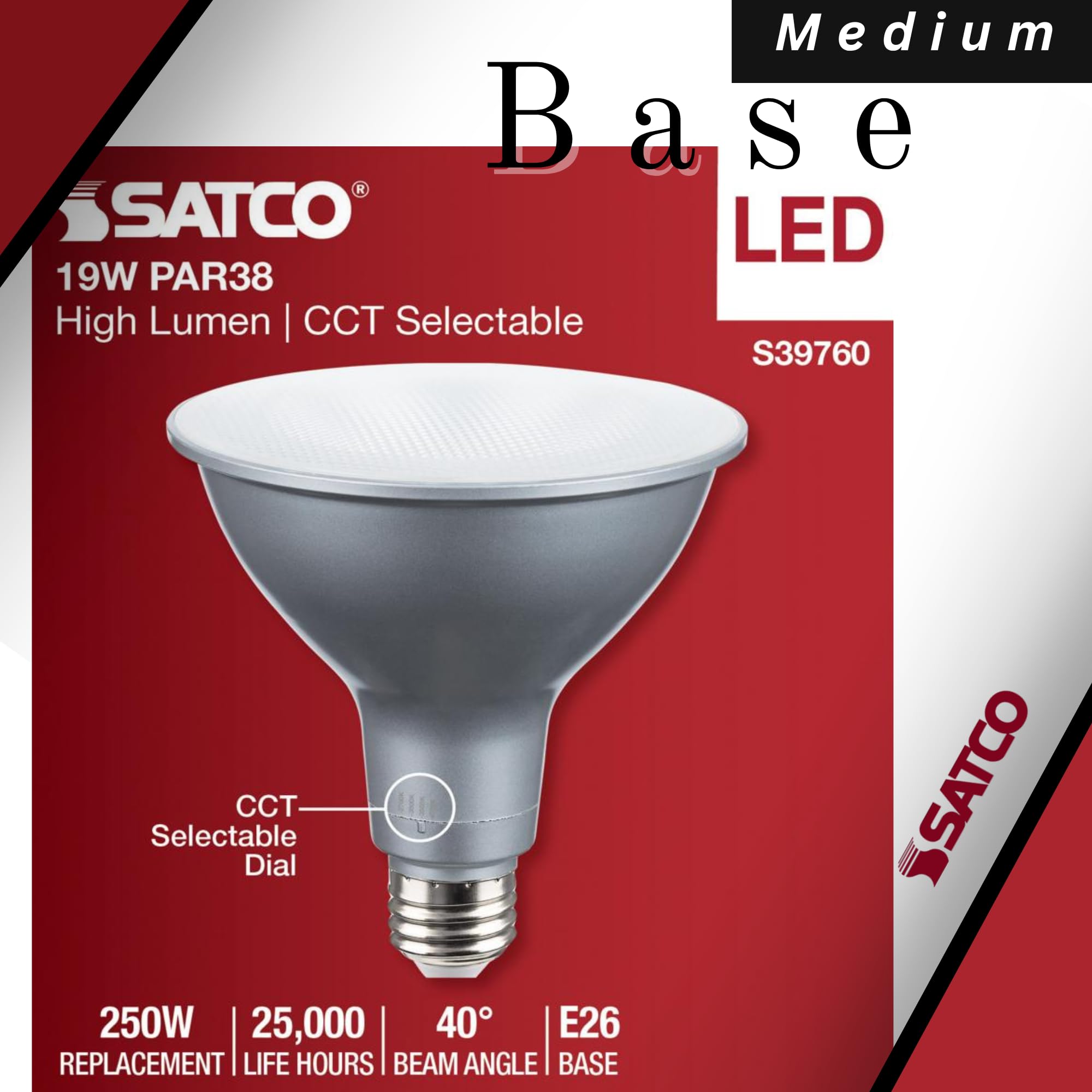 Satco S39760 19 Watt Par38 High Lumen Led; 27K/30K/35K/40K/50K Cct Selectable; Medium Base; 120-277 Volt (2 Pack)