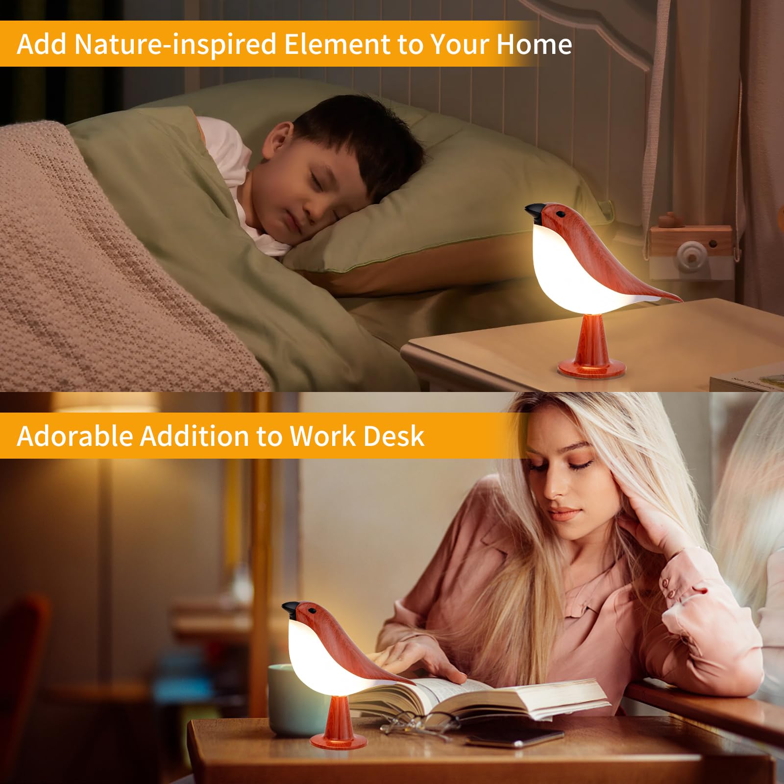 Bird Night Lamp With Sound,Cordless Small Table Lamps With 3 Color Temperature,Portable Rechargeale Outdoor Night Light With Rem