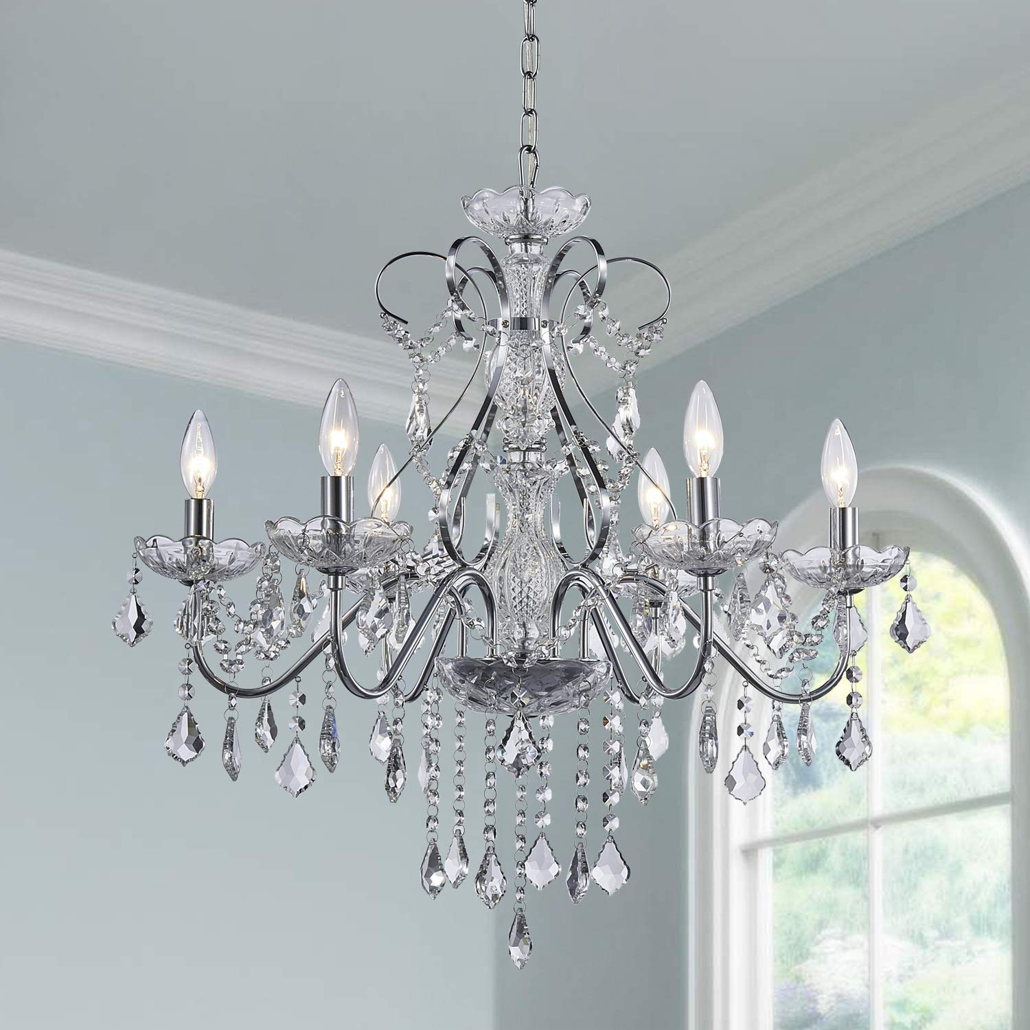 SM Saint Mossi 6-Light Crystal Chandelier, Modern Raindrop Pendant Lighting, H23" x D24", Chrome Finish, Model SM-DY-16076