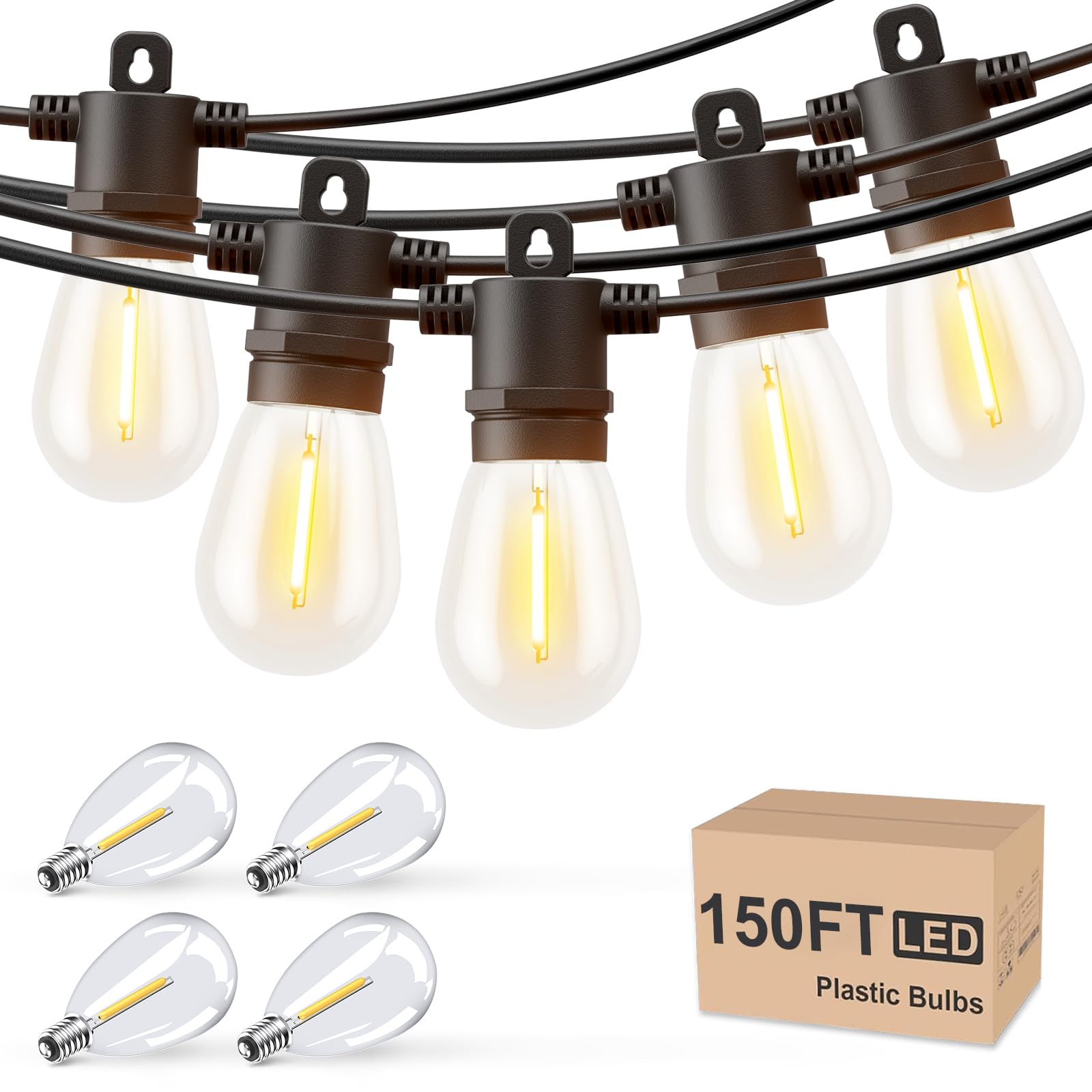 Svater Outdoor String Lights, 150FT, IP65 Waterproof, Shatterproof Bulbs, Black, Model IL-E12-1815045