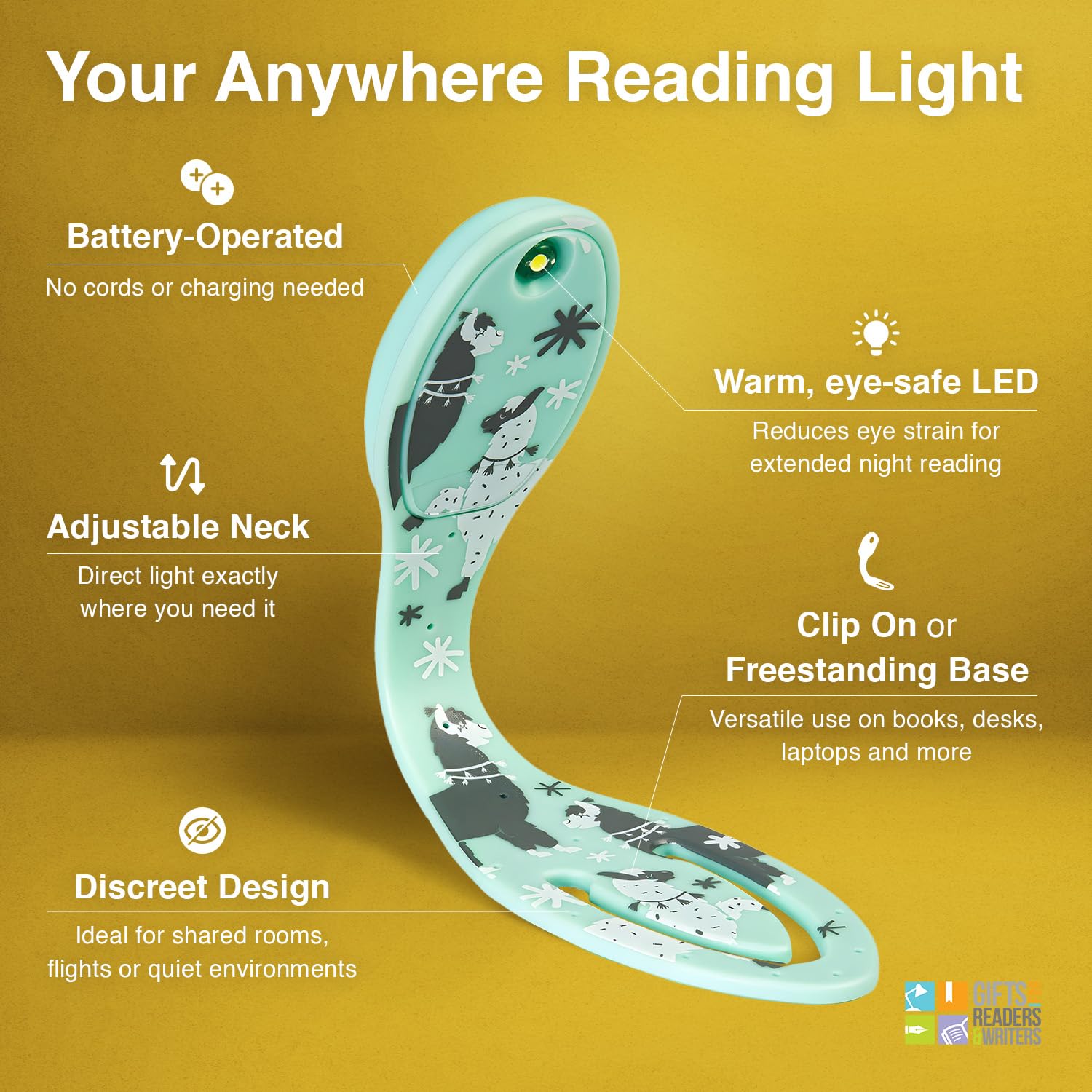Gifts for Readers & Writers Flexilight Bookmark Light | LED Clip-On Reading Lamp | Battery Operated | Llama Color