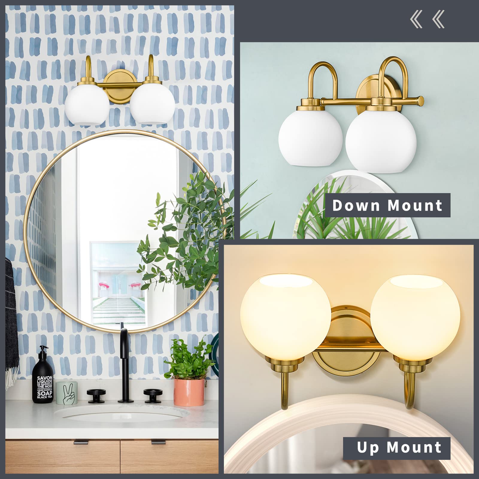 Akezon Gold Bathroom Vanity Light Fixtures, 2 Light Modern Over Mirror With White Milk White Globe Glass Shade