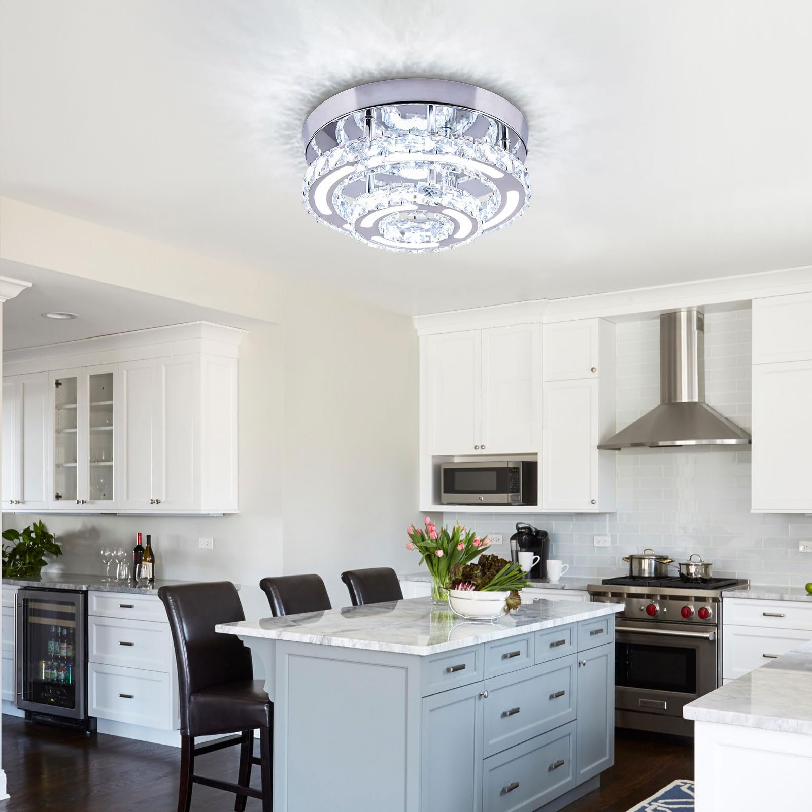 CXGLEAMING Modern Crystal Chandelier LED Flush Mount Ceiling Light Fixture 11.4 Round Small Crystal Ceiling Lights for Bedroom K