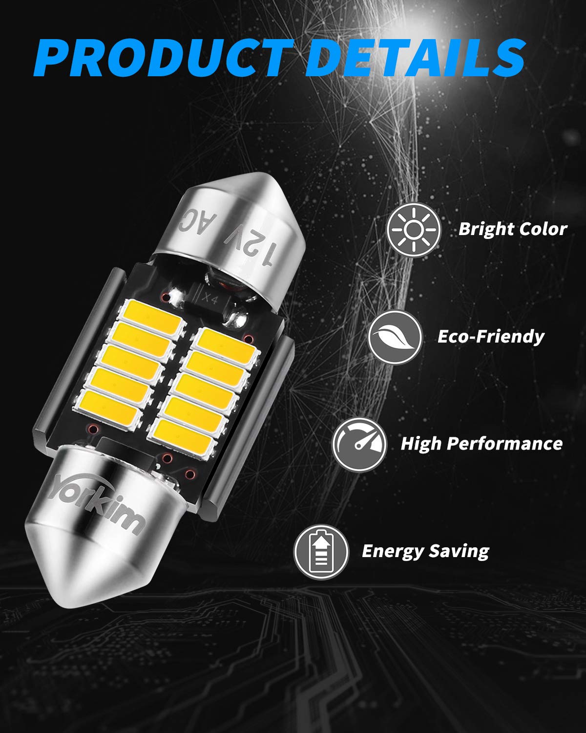 Yorkim DE3022 LED Bulb, 31mm Festoon, White, 10-SMD 4014 Chipsets, Aluminum, Pack of 4