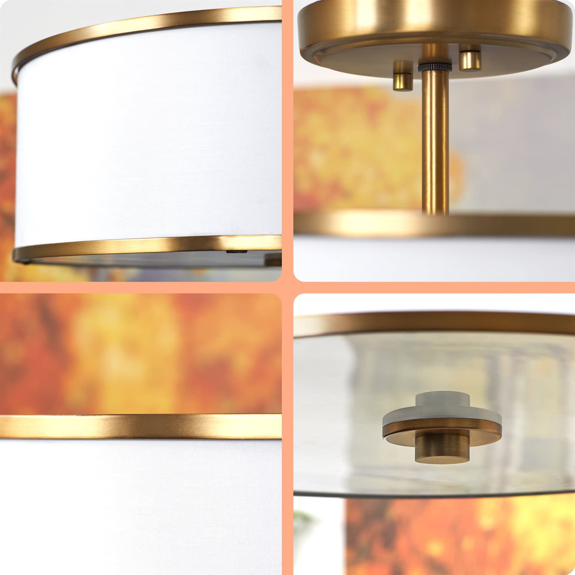 Kira Home Chloe 15in Retro Modern 3-Light Semi-Flush Mount Ceiling Light, Warm Brass, Fabric/Metal, Model RV-CSF117-2494-WB-WT