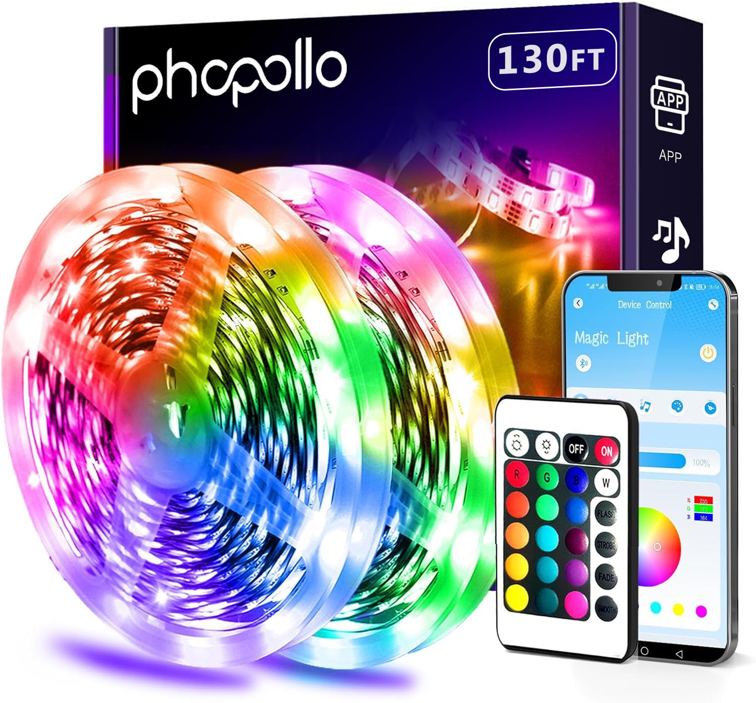 phopollo Bluetooth 24V Led Strip Lights 130ft (2 Rolls of 65.6ft), Color Changing LED Lights for Bedroom, Kitchen Decor, App Con