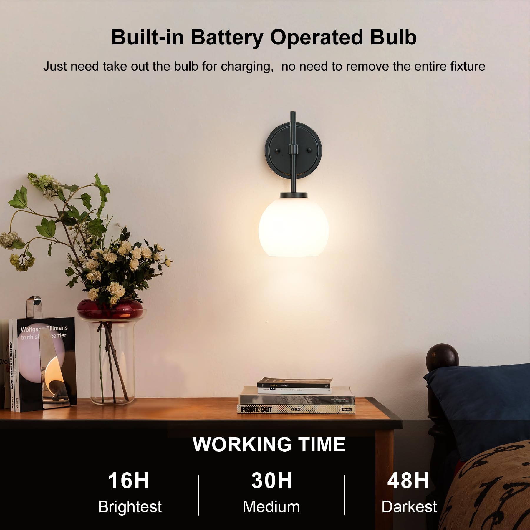 SANTOSTOCK Black Wireless Rechargeable Wall Sconces - LED Dimmable, Remote Control, Opal Glass Shade, Battery Operated, Set of 2