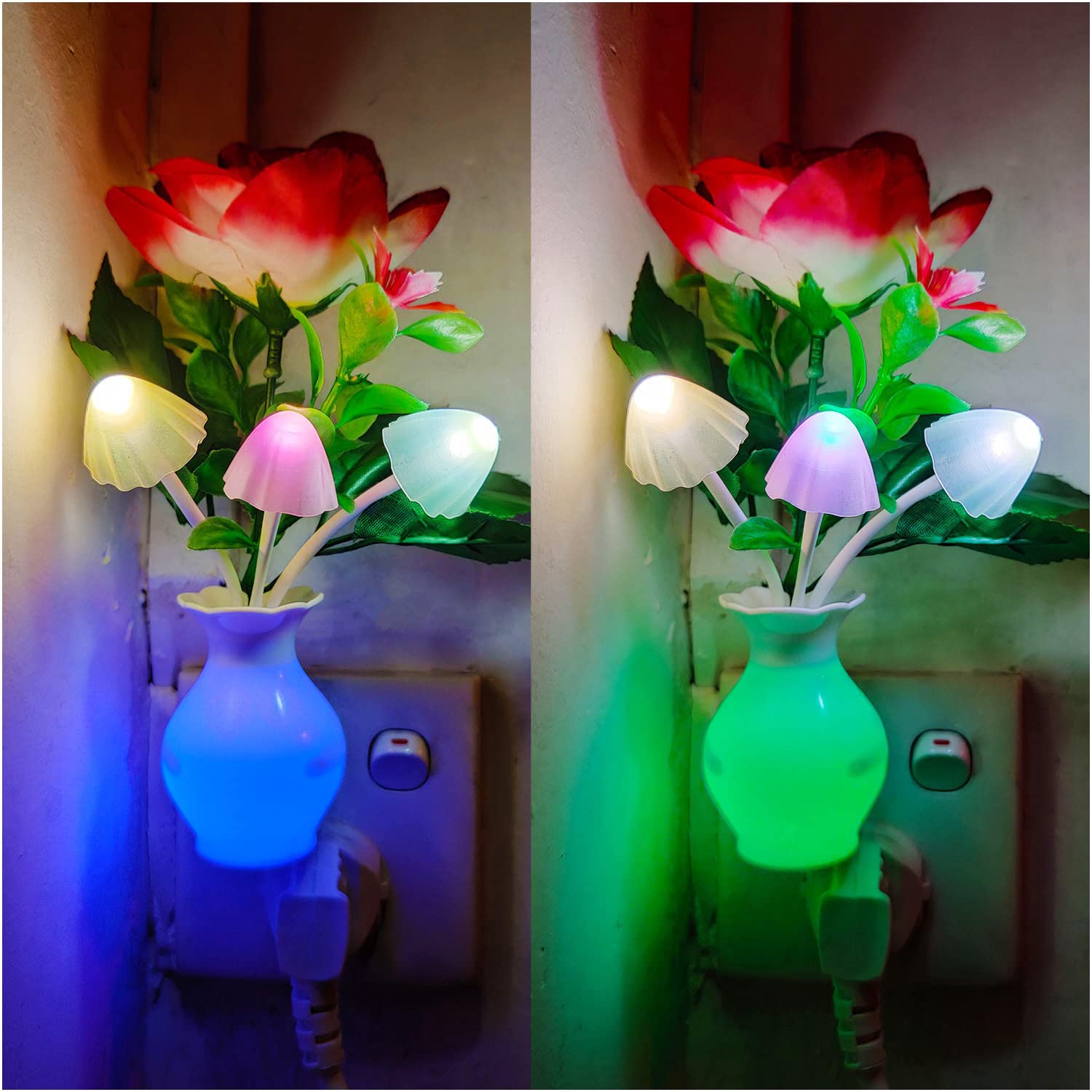 AUSAYE 2 Pack Sensor LED Night Light Plug-in Nightlight, Color Changing Mushroom Light Rose Flower Night Lights for Kids Adults 