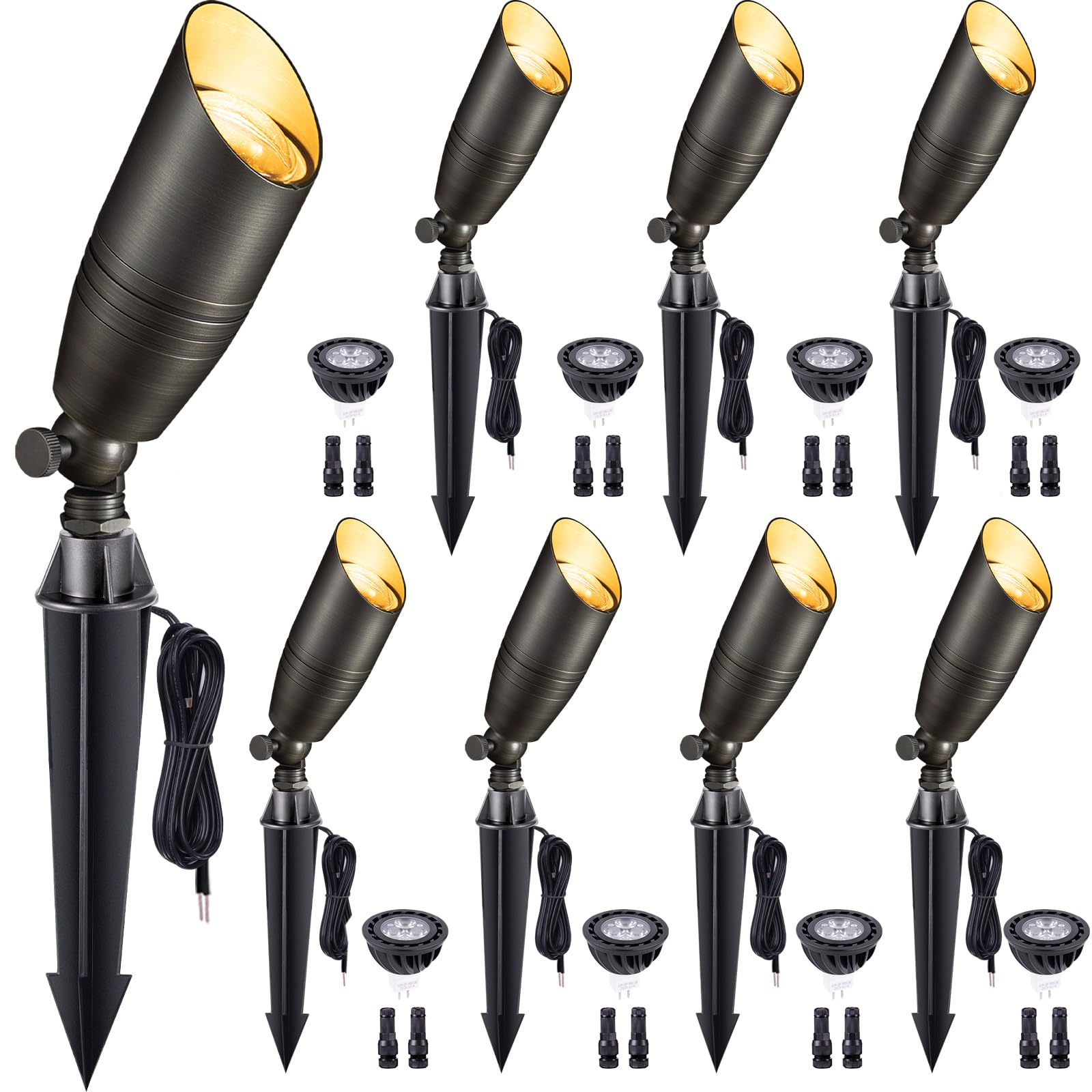 Gardenreet Spot Light Brass - Outdoor Landscape Spotlights Led, 12V Low Voltage Landscaping Uplights Hard-Wired, All Weather Bronze For Backyard Lawn With Warm White Changeable Bulbs (8 Pack)