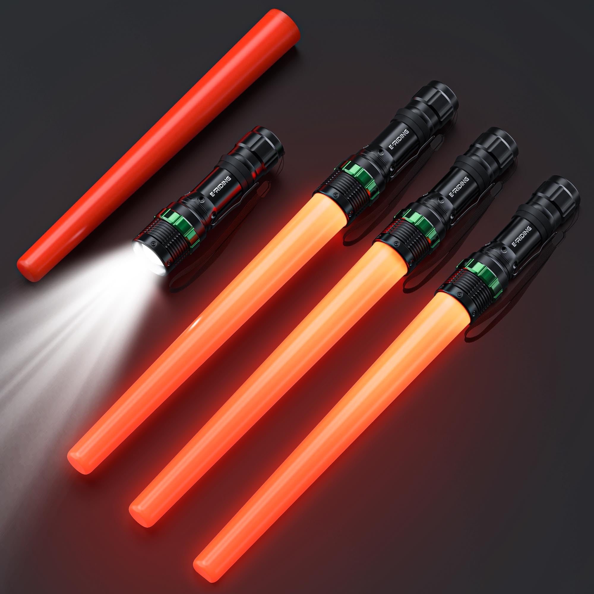 E-riding 4 Pack Traffic Wand, 16 Inch LED Traffic Flashlight, Orange Safety Signal Baton with for 5 Flashing Modes, Air Traffic 