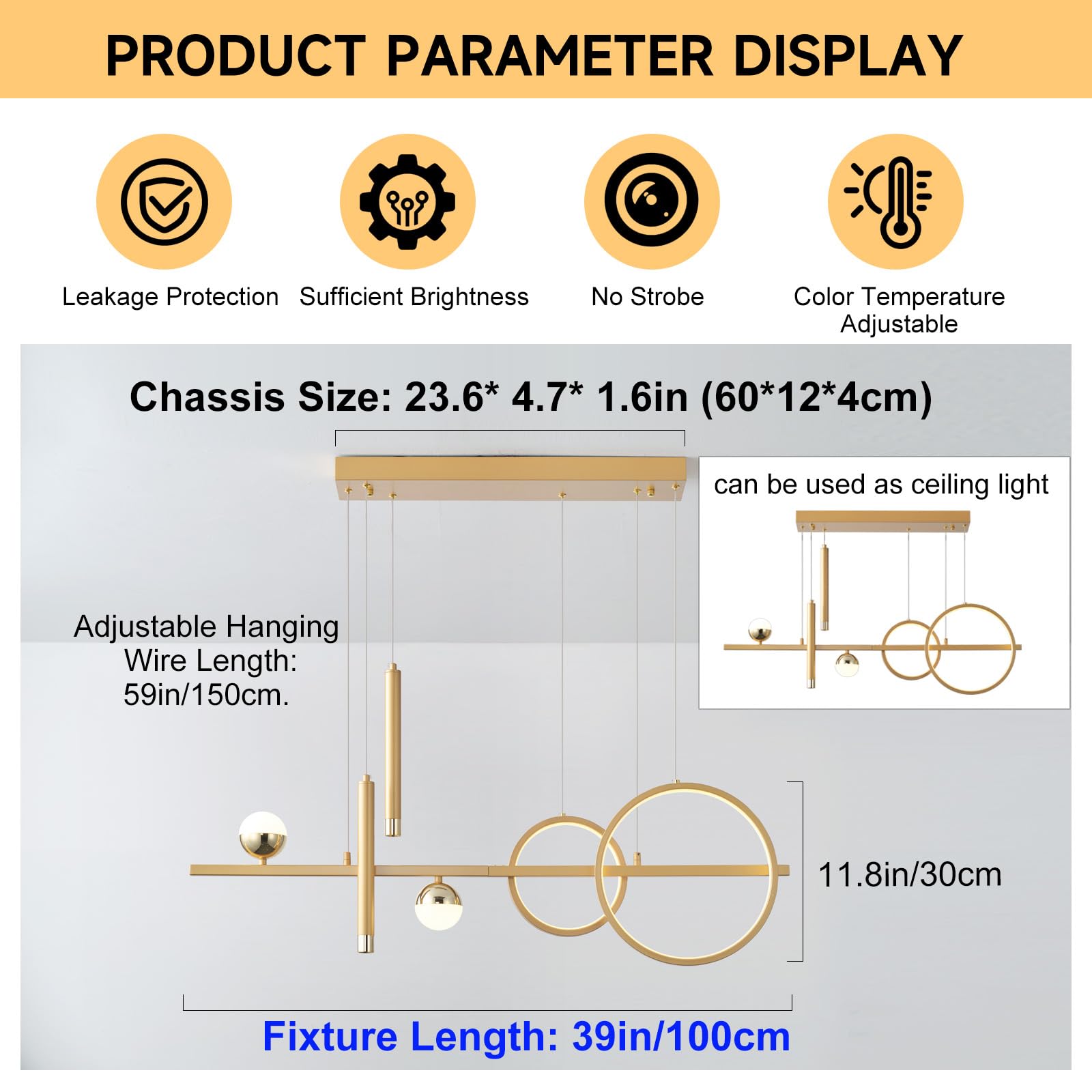 ORANOOR LED Gold Chandelier, 39in Dimmable Modern Pendant Light for Dining Room & Kitchen Island, Model 88056-G