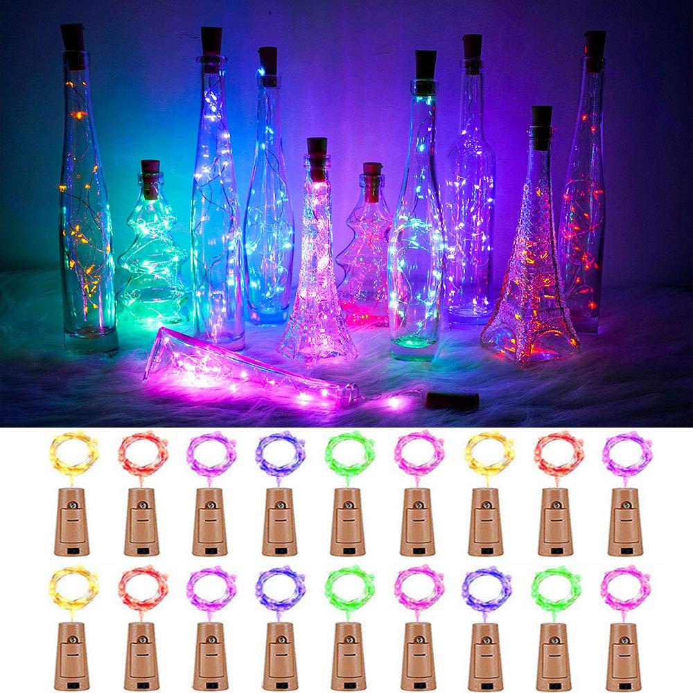 SunKite Wine Bottle String Lights with Cork,18 Pack 20 LED 2M Mini Silver Copper Wire Fairy Lights Fit DIY Party Wedding Table Centerpieces Decor (6-Color)
