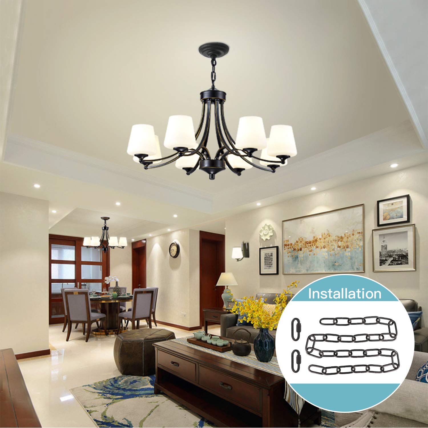 Helunsi Black Chandelier Chain, 6ft Iron Extension with Lock, Heavy Duty Pendant Lighting Fixture