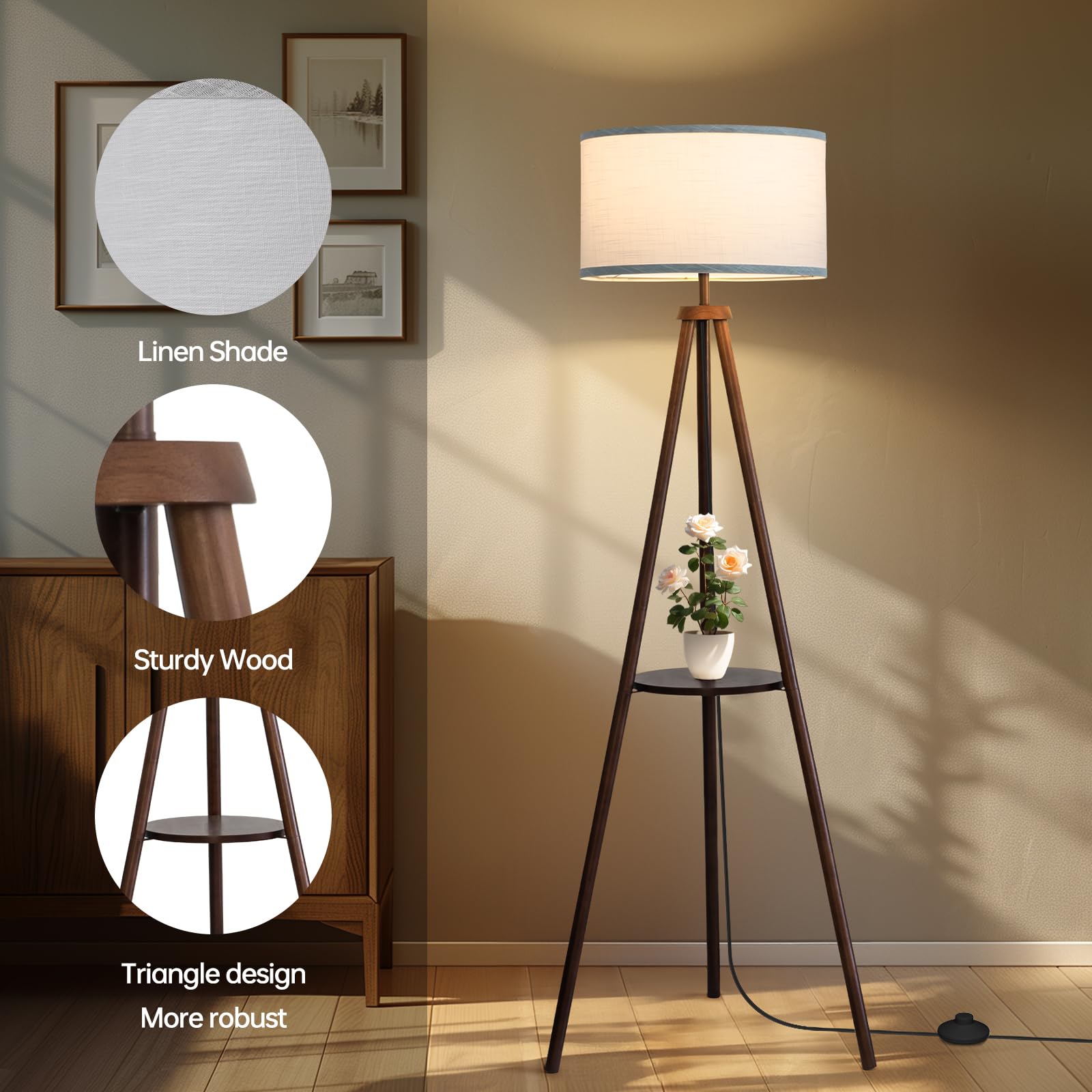 Eoeyyoyb Floor Lamp With 3 Light Modes Adjustable- Wood Tripod Floor Lamp Modern Led Standing Lamps With Dimmable Brightness, Pe