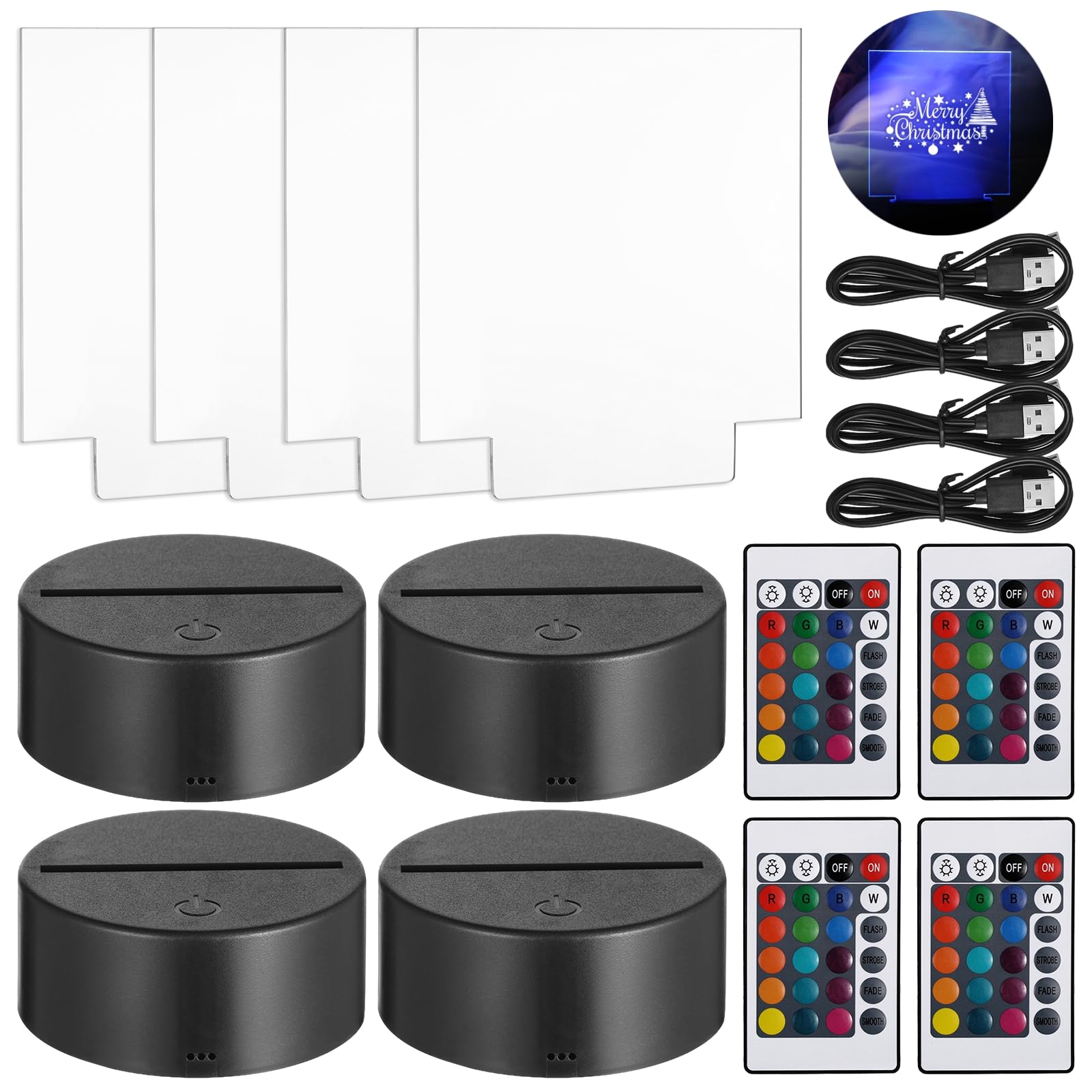 Tideme 4 Sets Acrylic Light Base and Blanks - 3D Night Light Stands with 3.8MM Acrylc Sheets & Remote Controls, 16 Colors & 4 Mo