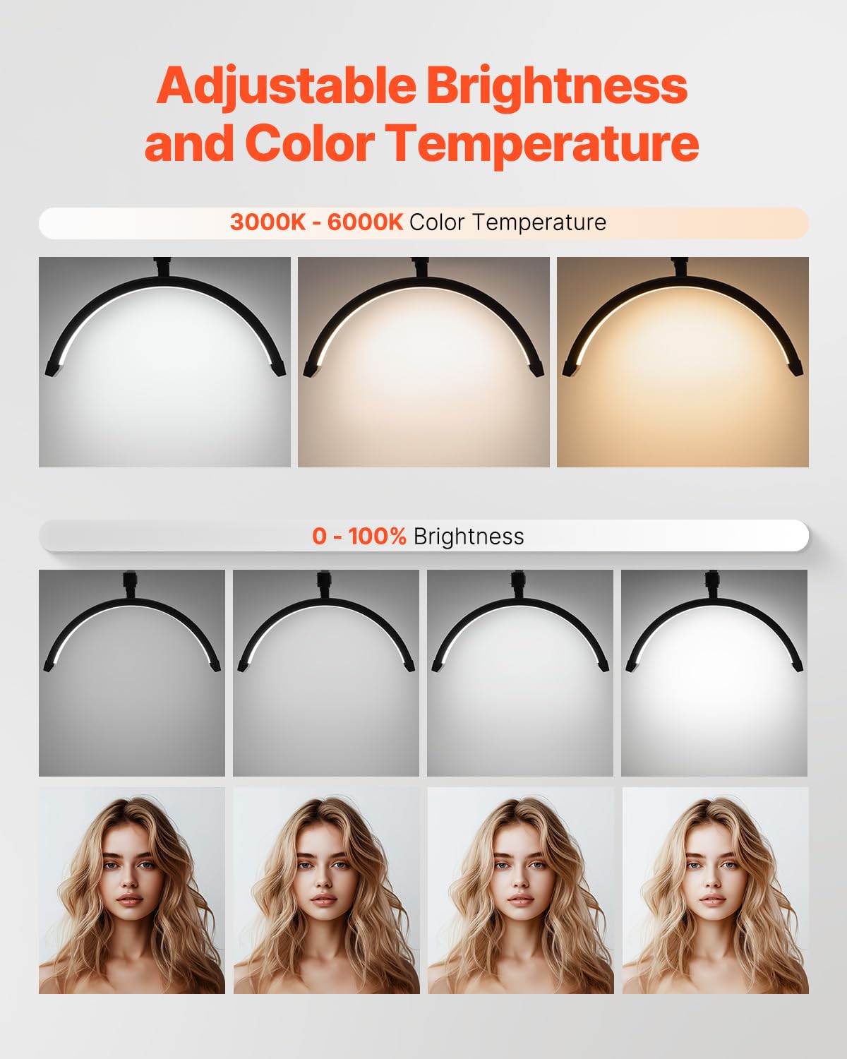 VEVOR Half Moon Light for Esthetician, 23 inch Dimmable LED Floor Lamp Lash Light for Eyelash Extensions, Arched Eyelash Lamp wi