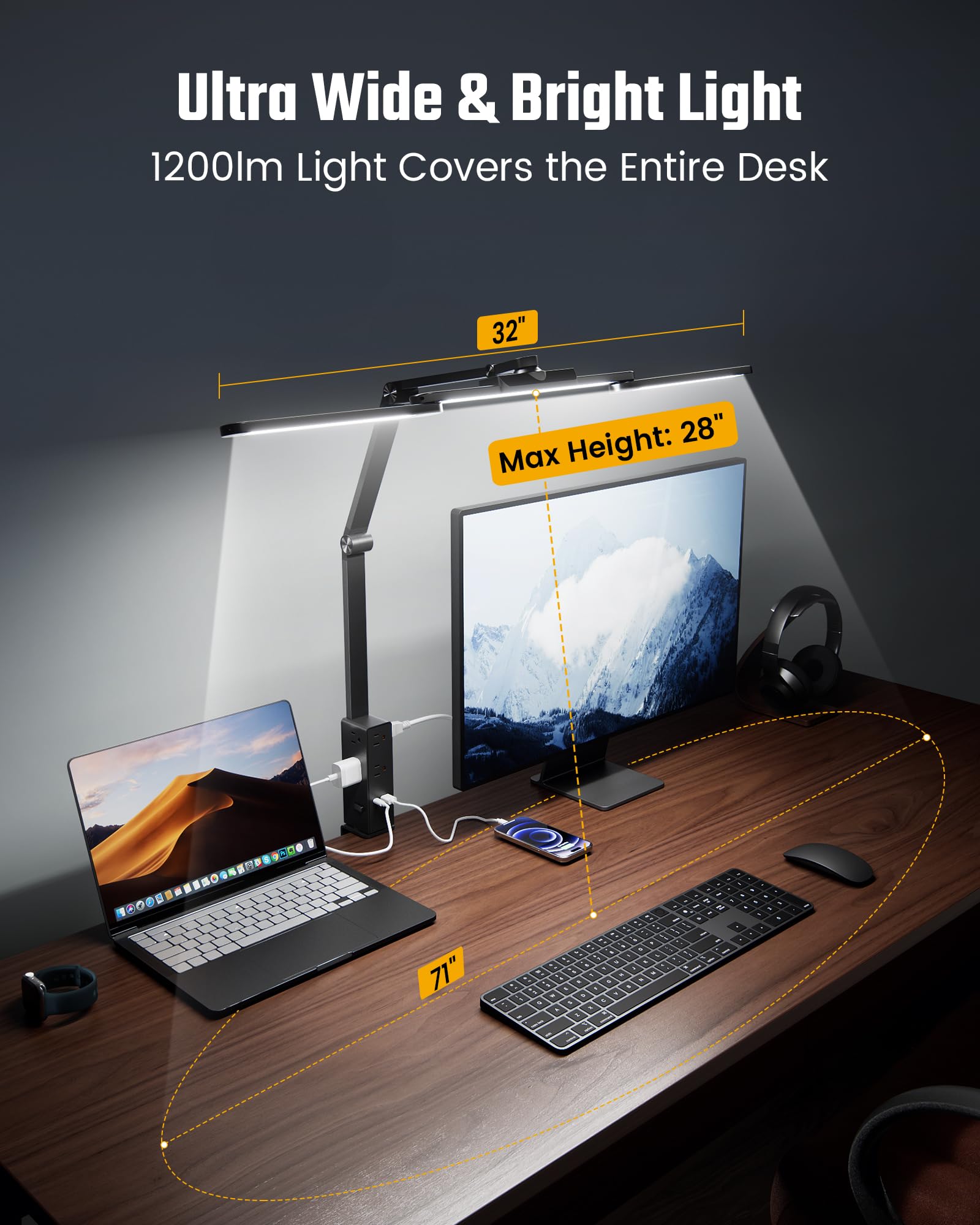 SUPERDANNY LED Desk Lamp with Power Strip, 6 Outlets, USB, Type-C, Large, Black, Model SDDL02, Touch & Wave Control