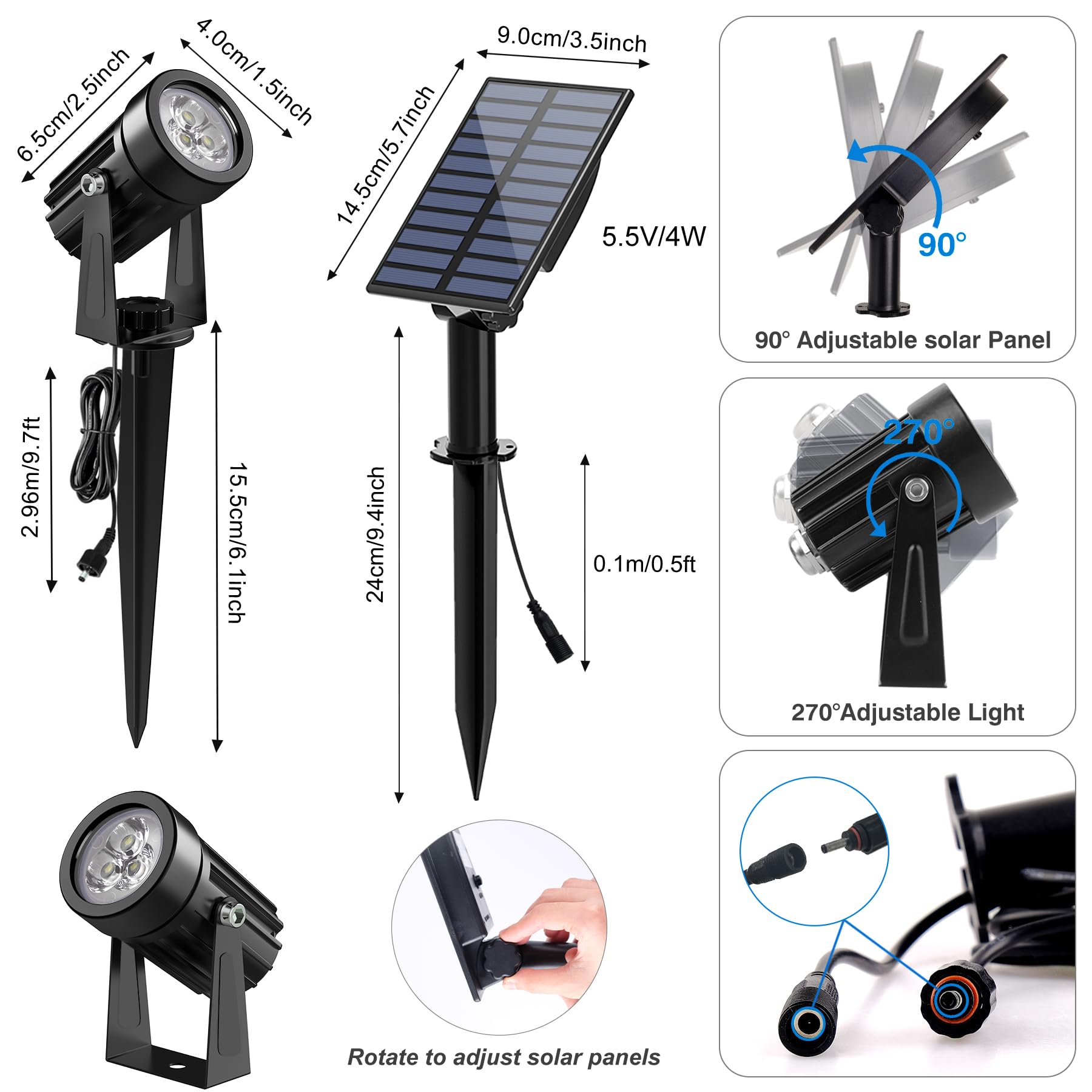 Crepow Solar Spot Lights Outdoor, Ip65 Waterproof, 6000K Cold White, 9.8Ft Cable, Auto On