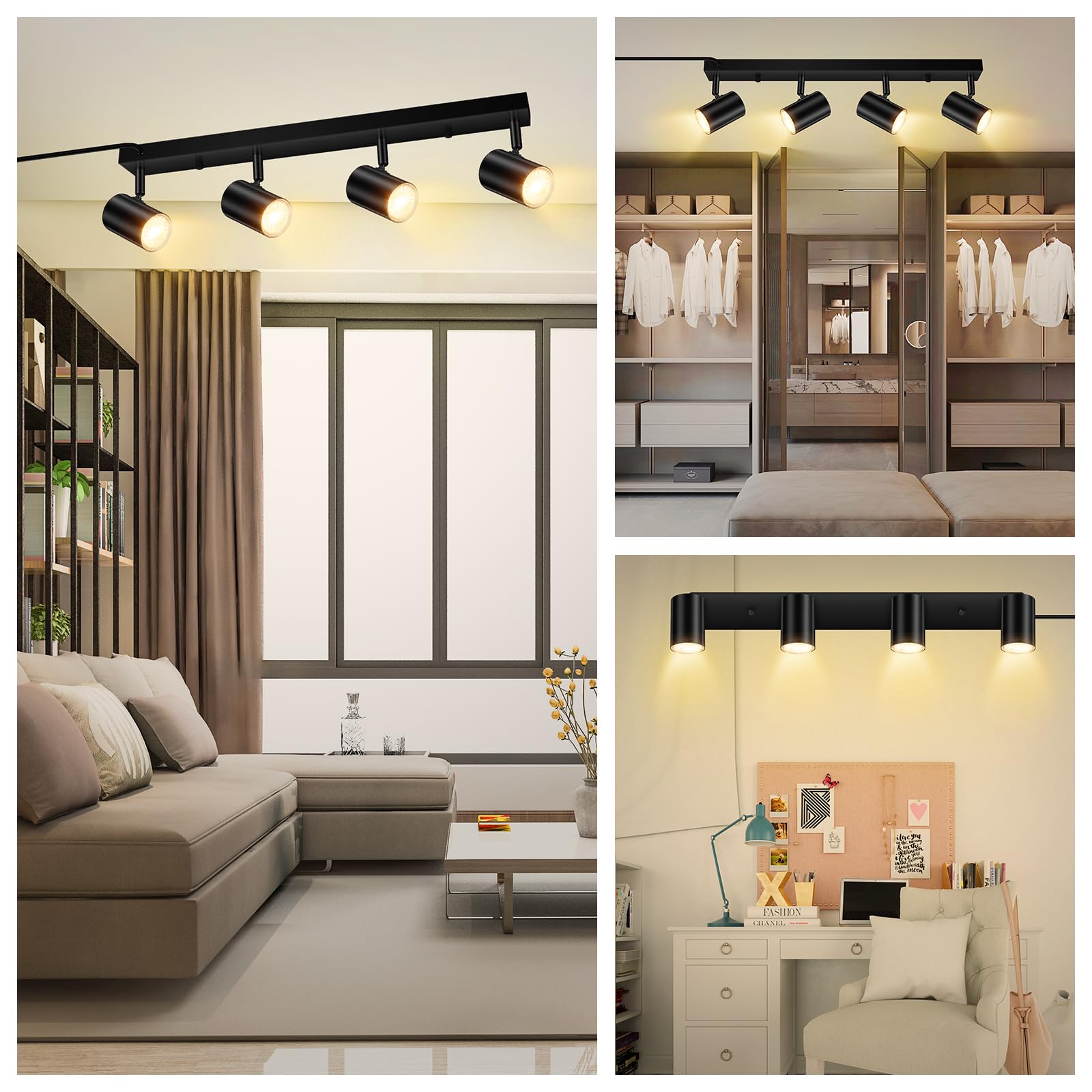 Auquee 4 Light Track Lighting Kit,Black 4 Way Led Plug In Ceiling Spotlight,Industrial Gu10 Wall Light For Kitchen Cabinet Galle