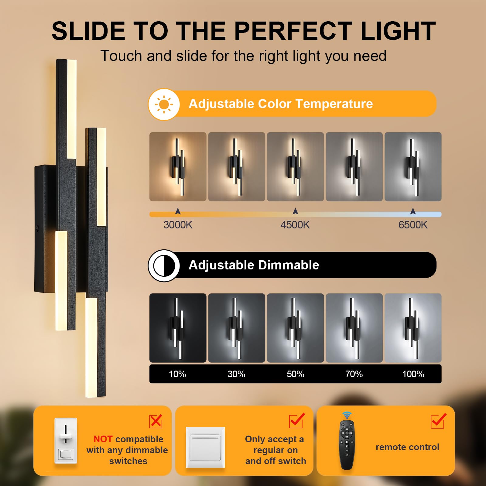 Benkut LED Vanity Lights Set of 2, Black Wall Sconce, Dimmable with Remote Control, 20 IN, Model W60-1BDC2