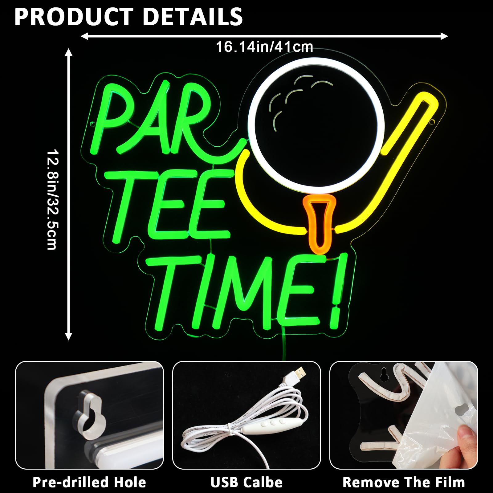 PMCVYH Neon Sign, Par Tee Time Golf LED Wall Decor, 16.14in x 12.8in, Multi-colored Acrylic