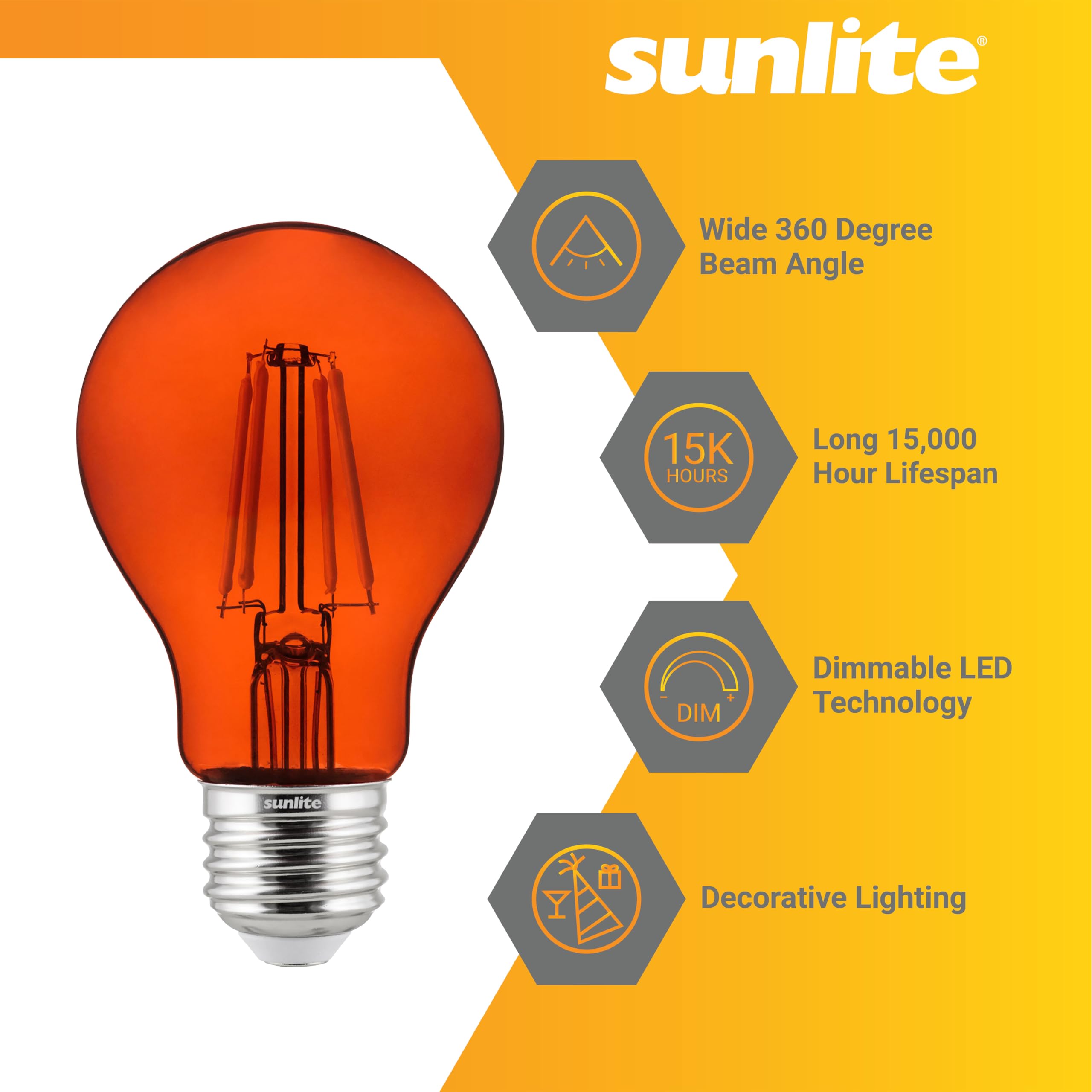 Sunlite 81085 Led Colored Filament A19 Light Bulb, 4.5 Watts, Medium E26 Base, 120 Volts, Transparent Orange, Dimmable, 320 Degr