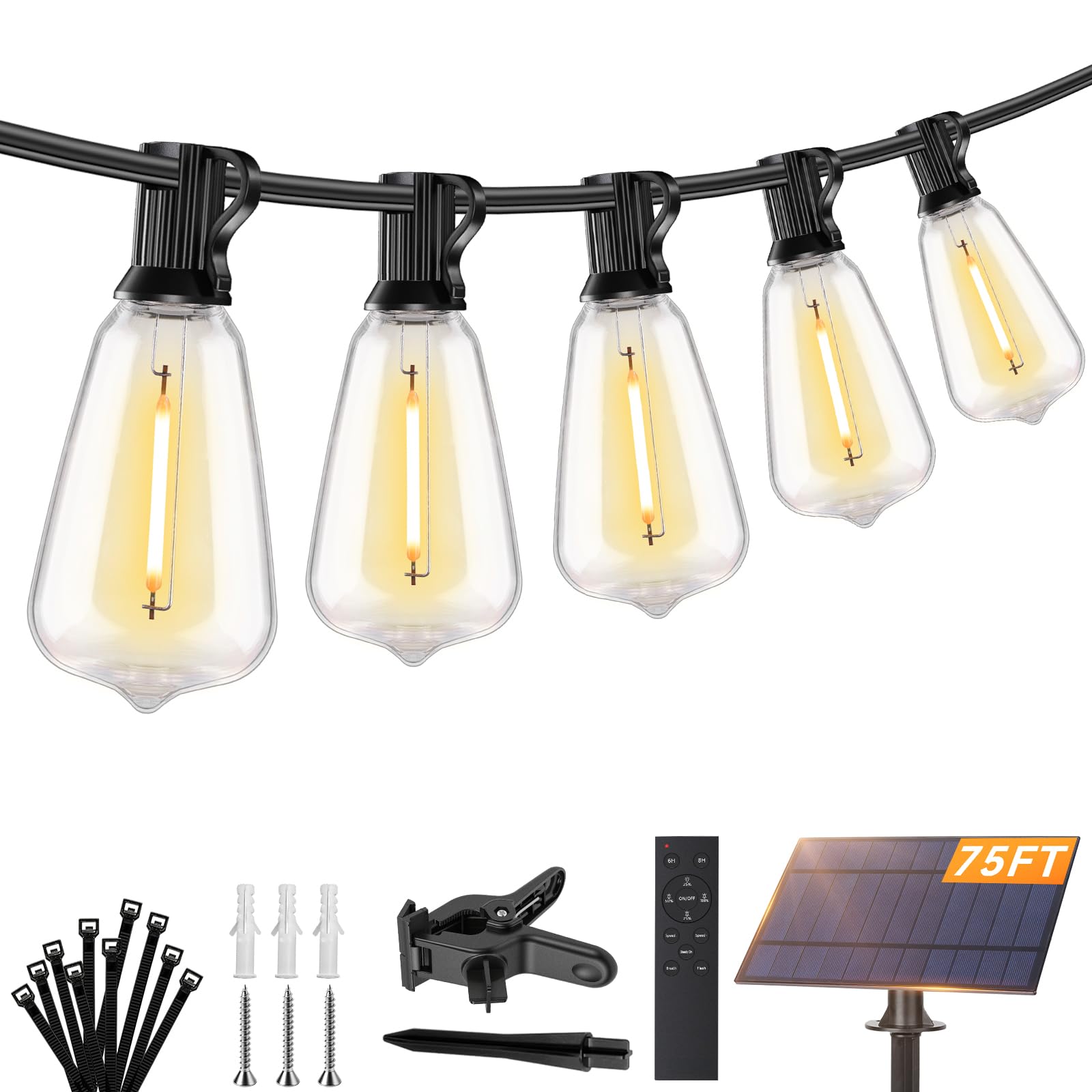 Brightever 75FT Solar String Lights Outdoor Waterproof with Remote, 34+1 Shatterproof ST38 LED Bulbs, 3 Lighting Modes & Warm Wh