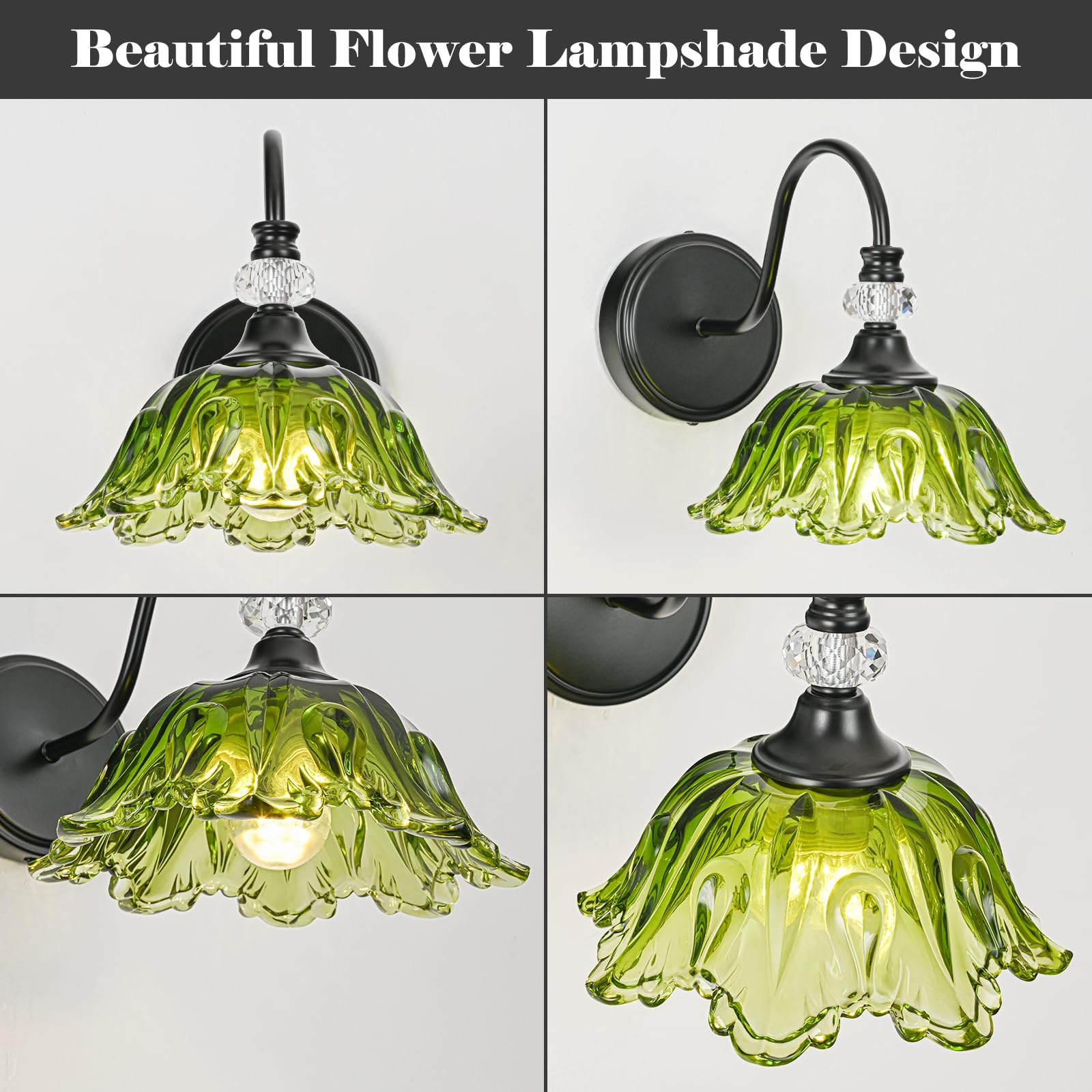 Sunkryster 1 Piece Black Wall Sconce With Floral Green Glass Shade  Black Farmhouse Wall Mount Lighting For Bathroom Vintage Bathroom Vanity Light Fixture