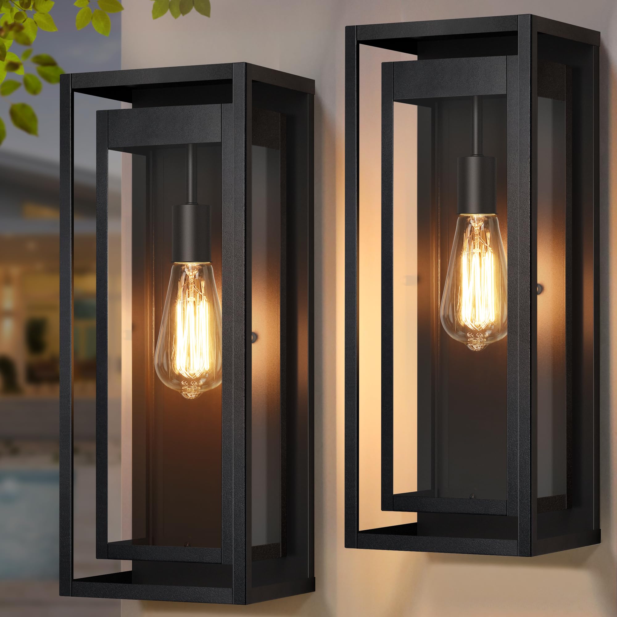 Slypadan 19" Outdoor Wall Lights, Matte Black Sconce Fixture, Waterproof, 2-Pack, Clear Glass Shade for Porch and Garage
