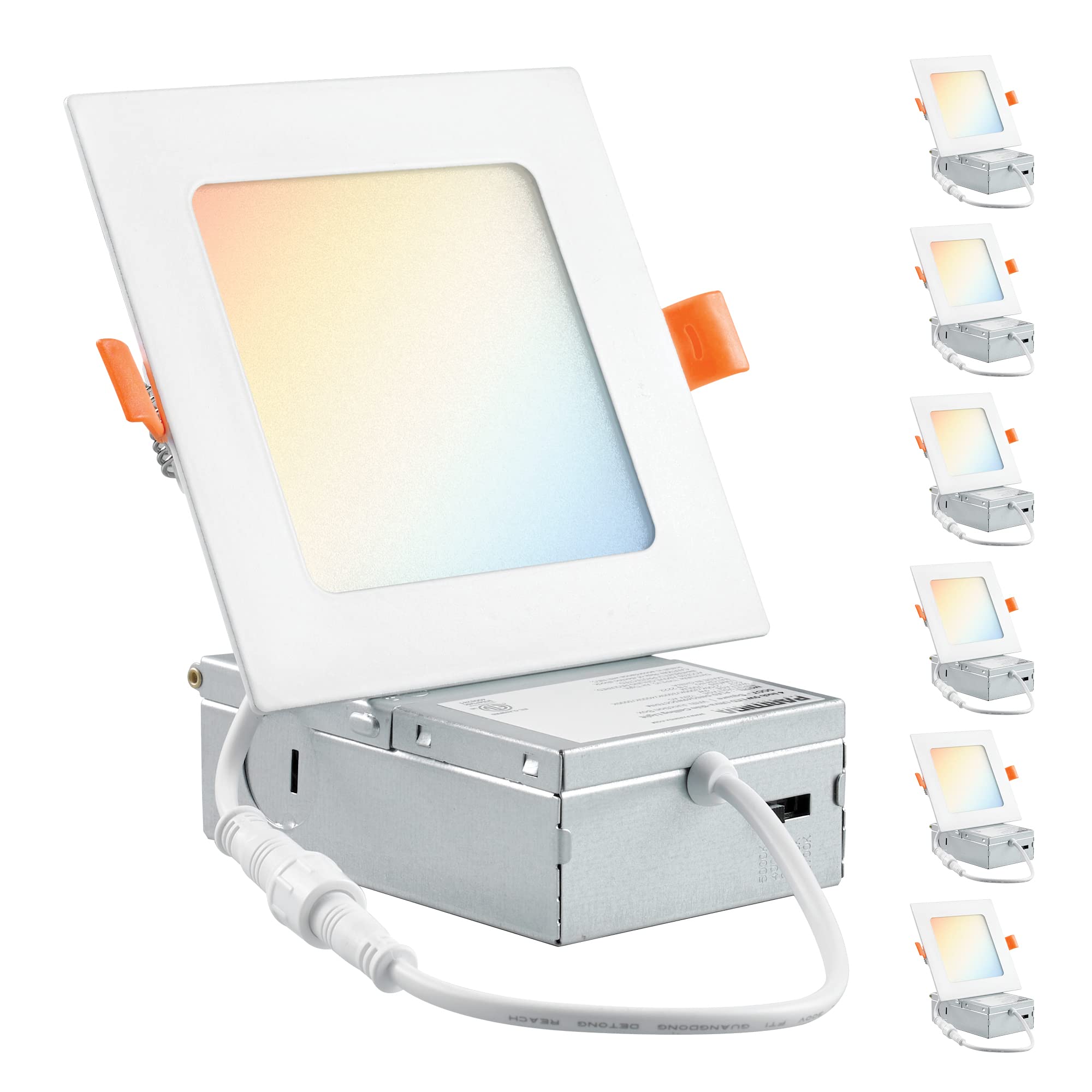 PARMIDA (6 Pack) 4 Inch Square 5CCT Ultra Thin LED Recessed Lighting with Junction Box, 2700K/3000K/3500K/4000K/5000K 5 Color Se