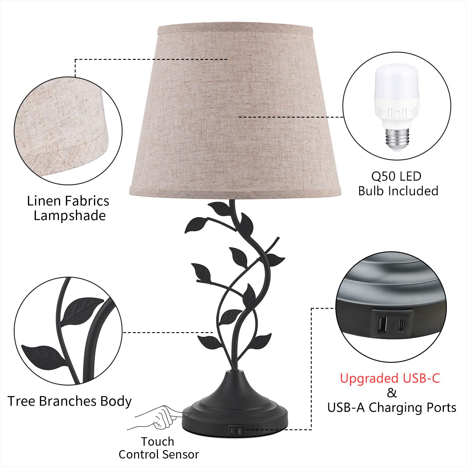 Kakanuo Usb Touch Table Lamp Bedside Lamp With Usb C Charging Ports For Living Room, Beige 3 Way Dimmable Traditional Nightstand