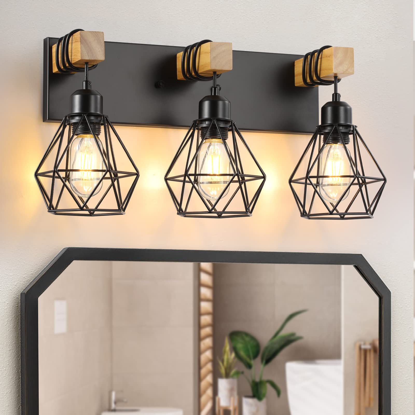 Farmhouse Bathroom Vanity Light Fixtures, 3-Light Wood Bathroom Light Fixtures Over Mirror, Rustic Sconces Wall Lighting With Elegant Metal Lampshade For Living Room, Bedroom, Hallway