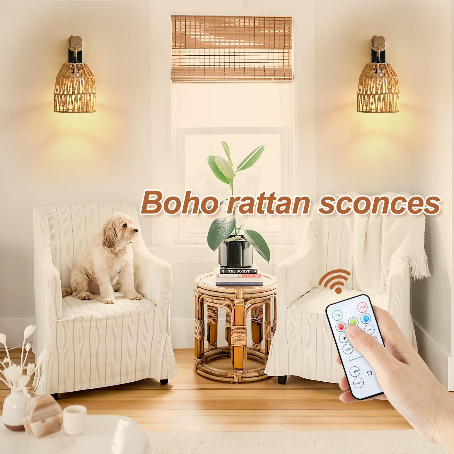 Espossi Battery Operated Wall Sconce Set of 2, Boho Rattan Design with Remote Control, A-Black, Ideal for Bedroom and Living Room