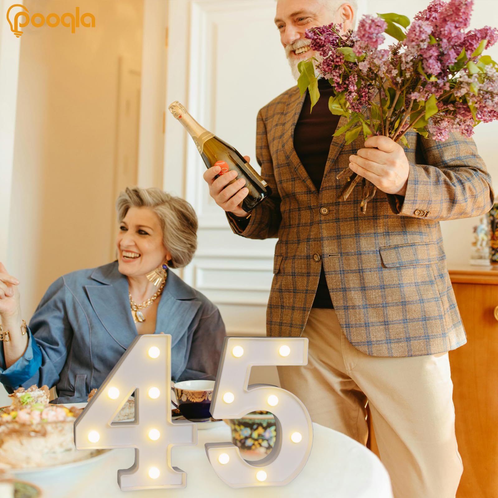 Pooqla Decorative Led Light Up Number Letters, White Plastic Marquee Number Lights Sign For 45Th Birthday Party Wedding Decor Battery Operated Number (45)