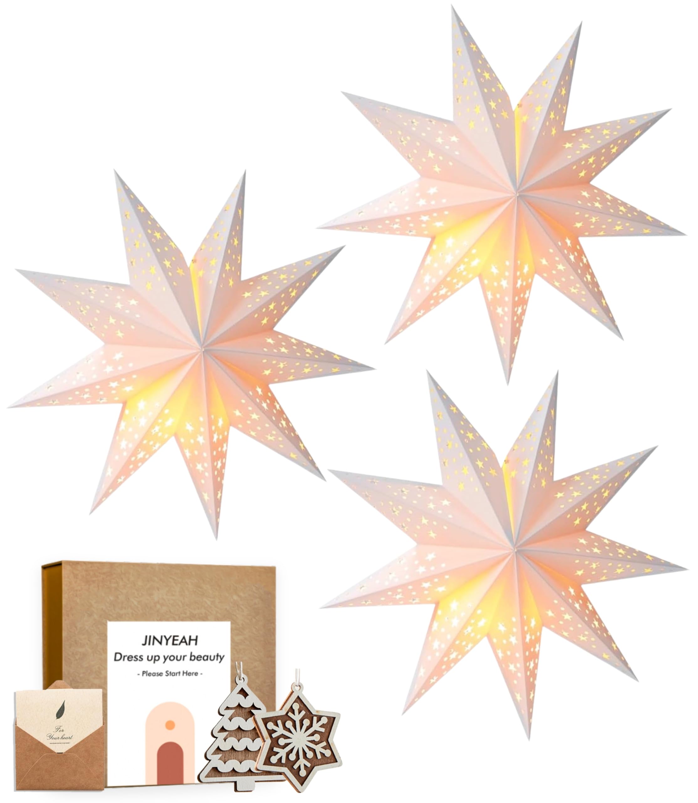 Paper Star Lantern 3PCS Christmas Paper Stars Lampshade 13.78 inch Hanging 3D Christmas Pentagram Lampshade 9 Points Lantern Fol