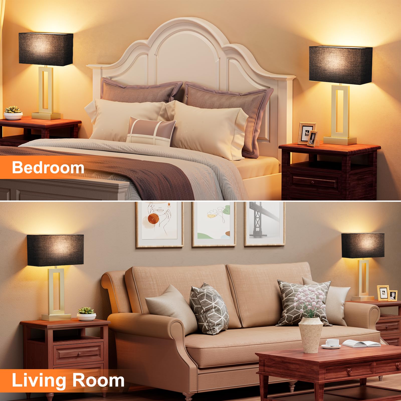 Seealle Nightstand Table Lamps Set of 2 - Touch Control, 3-Way Dimmable, Metal, Medium (19.6in), Black & Gold, Model jinshumian1