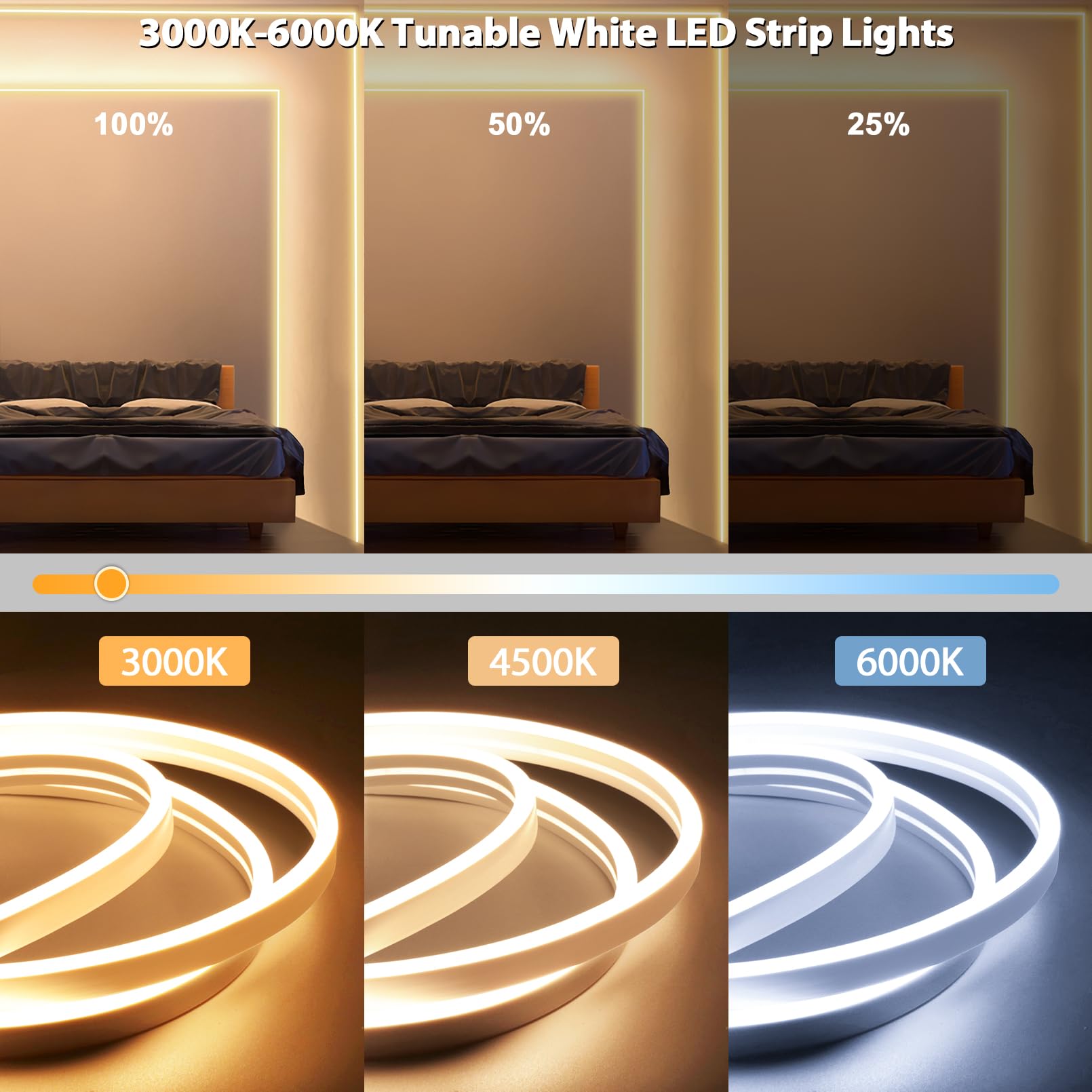 Lamomo LED Strip Lights 32.8Ft Tunable White Silicone Neon Rope Lights, Dimmable 3000K-6000K, Waterproof for Bedroom Home Decor
