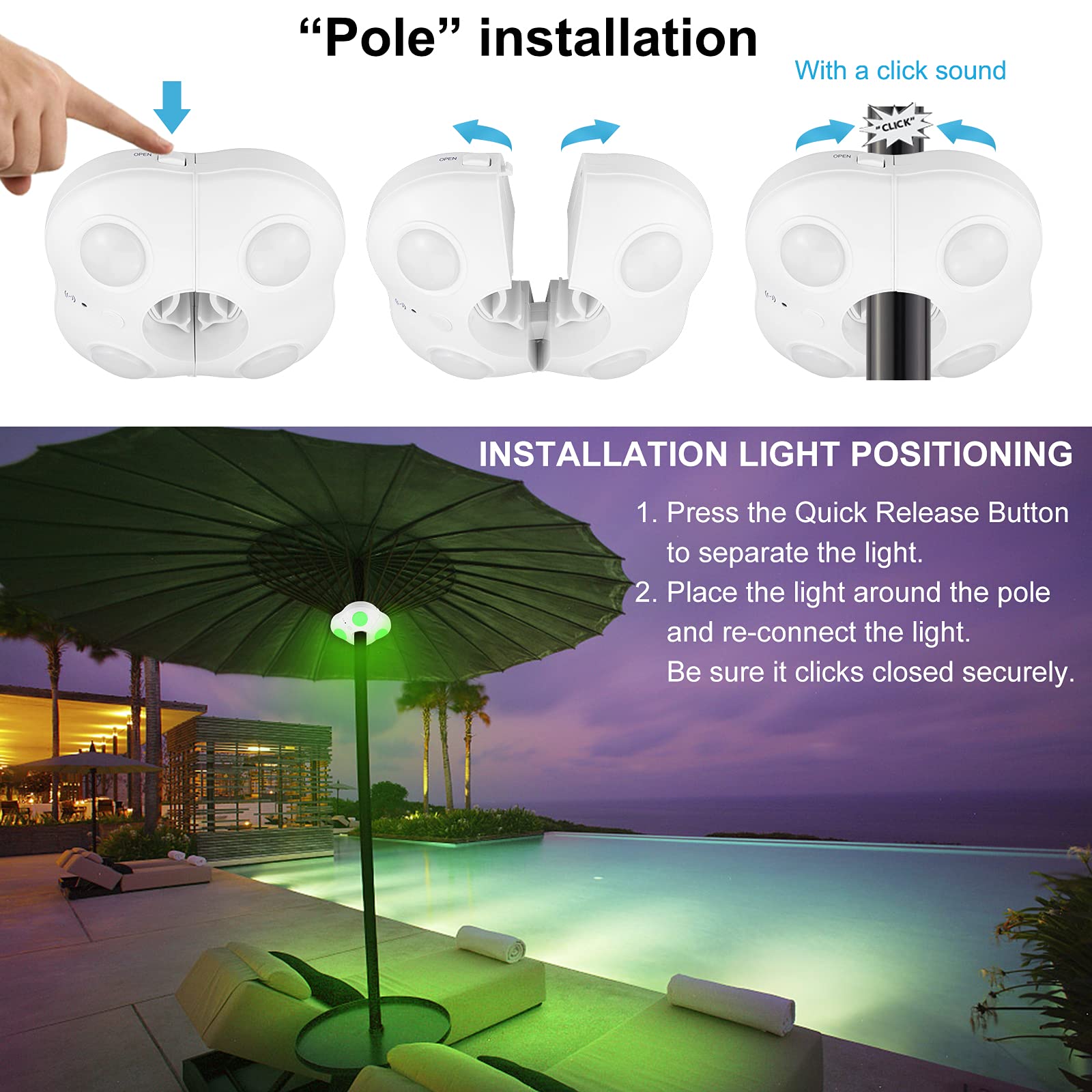BIGMONAT Battery Operated Patio Umbrella Light, Outdoor LED Table Umbrella Lights with Remote, 12 Color Changing Umbrella Pole L