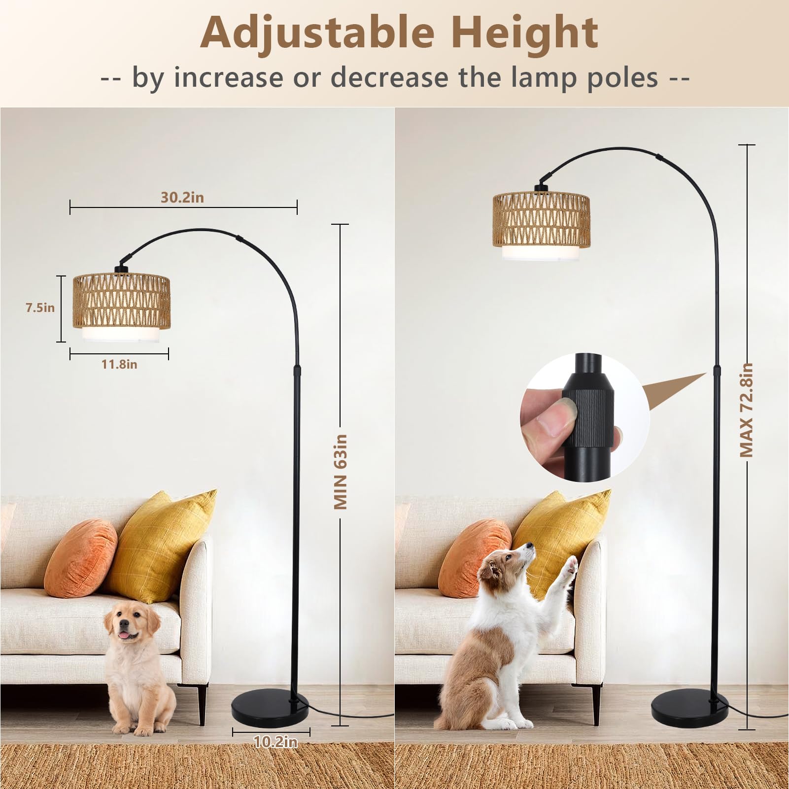 eyassi Arc Floor Lamp - Modern LED, Dimmable, Adjustable Height, Black & Brown, Tall Design for Living Room & Bedroom