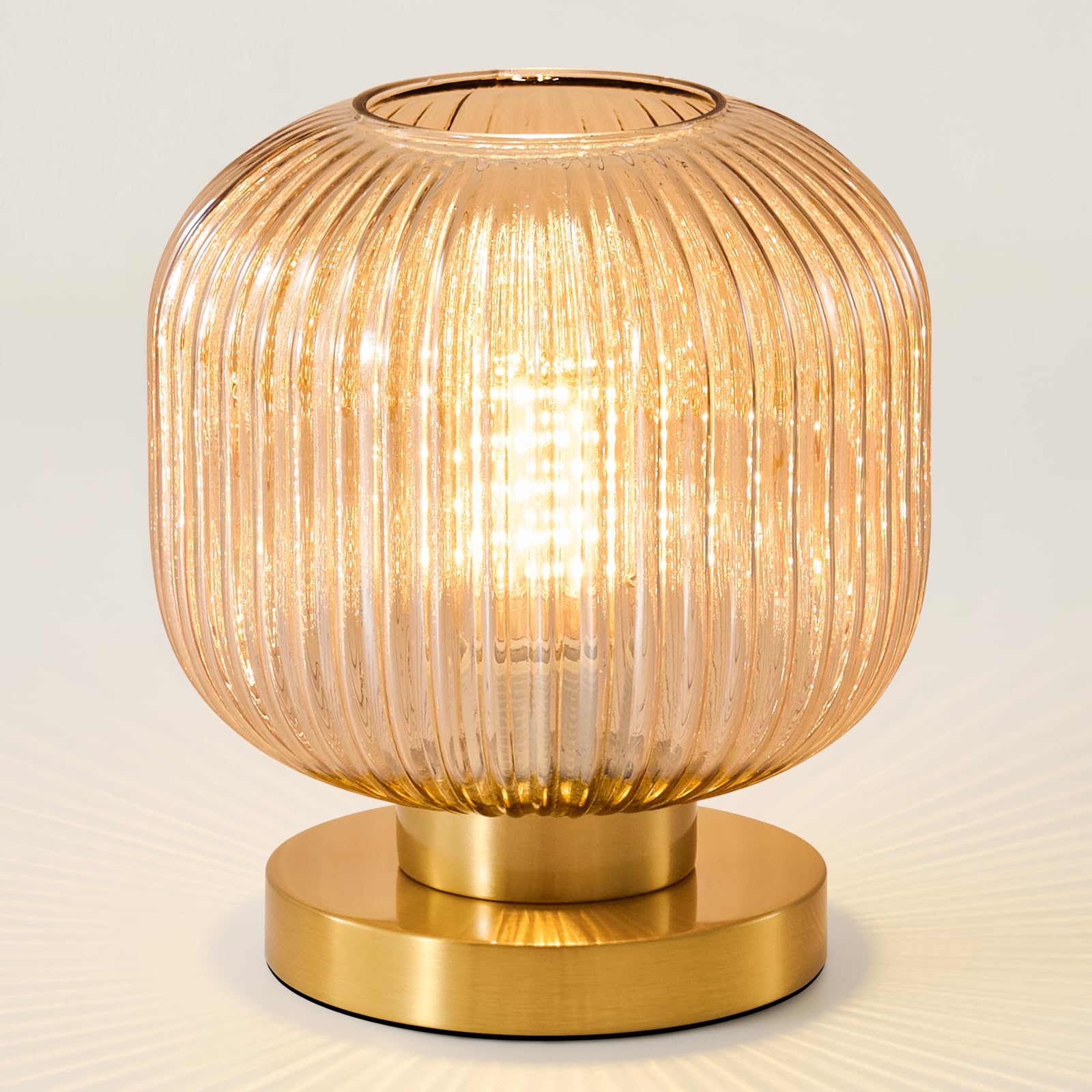 Small Amber Glass Table Lamp: Mid Century Modern Dimmable Nightstand Lamps - Vintage Decor Brass Desk Lamp With Plug - Ribbed Gl