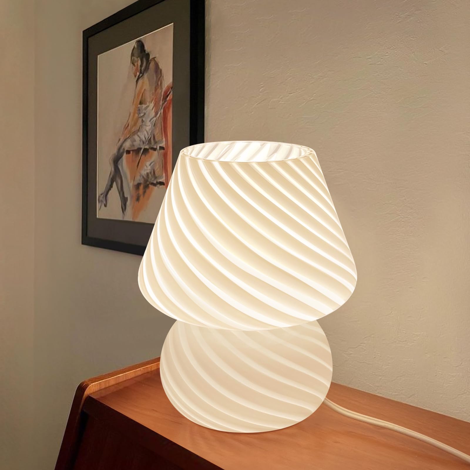 Onewish Mushroom Lamps Set Of 2 - Small Bedside Table Lamp With Striped Glass, Nightstand Lamp For Bedroom, Living Room, Bulb In